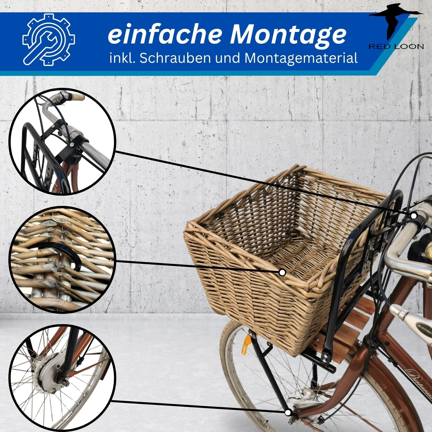 Frontgepäckträger Fahrrad + Fahrradkorb | Fahrrad Gepäckträger vorne | Gepäckträger Vorderrad | Fahrrad Gepäckhalter für Hollandrad | Front Loader | Red Loon | Rattankorb  Gepäckträgerkorb