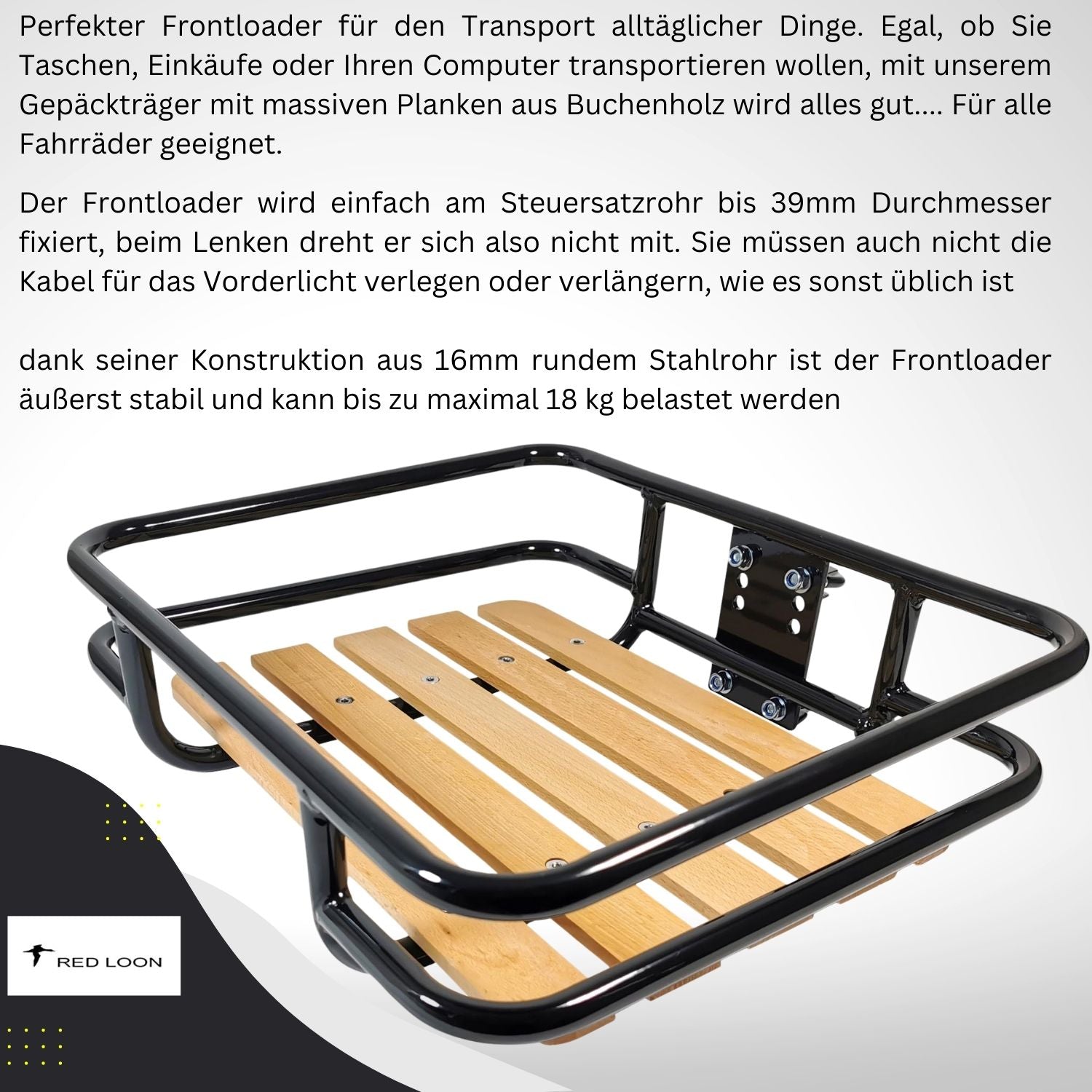 Frontgepäckträger Fahrrad + Fahrradkorb XL Pro | Fahrrad Gepäckträger vorne | Gepäckträger Vorderrad | Fahrrad Gepäckhalter | Front Loader | Red Loon | Rattanlook Seegras | Gepäckträgerkorb