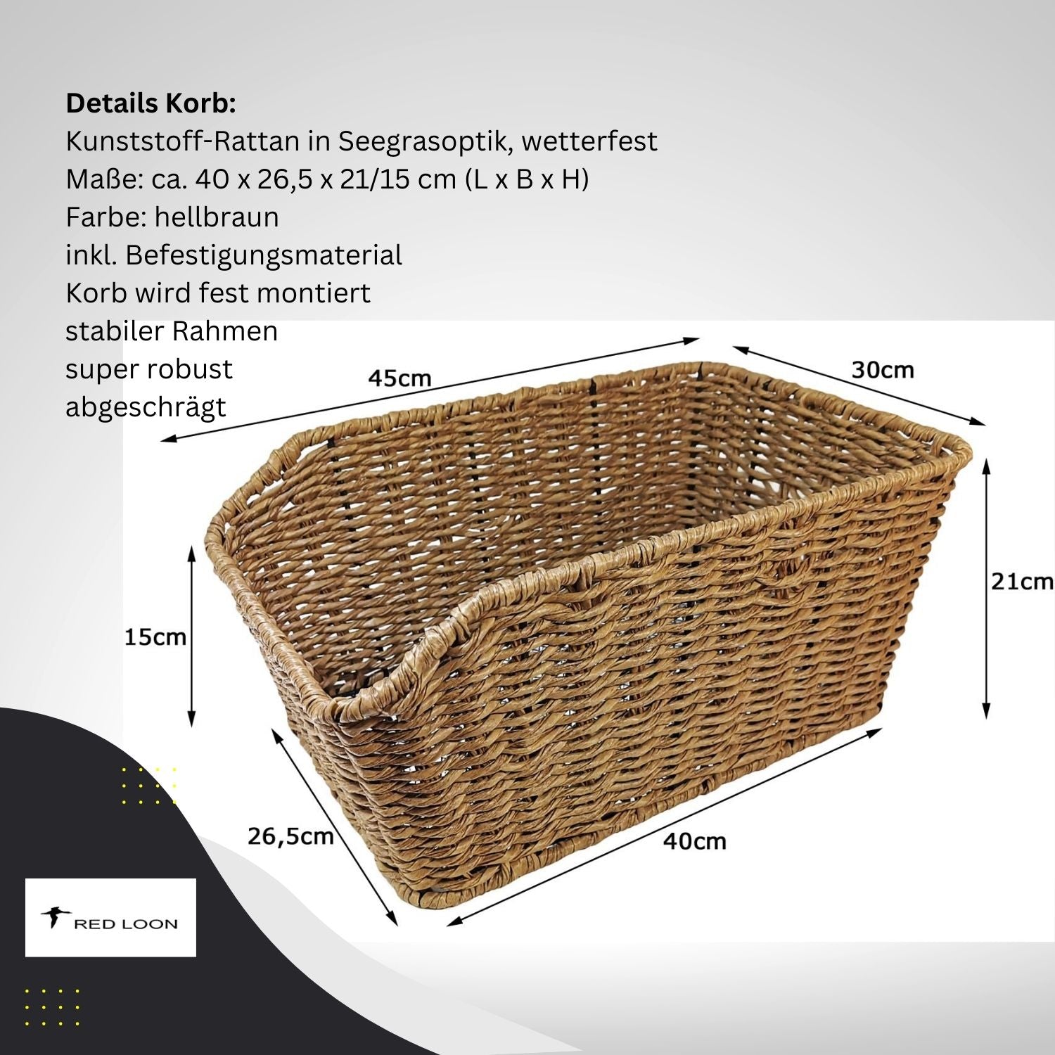 Frontgepäckträger Fahrrad + Fahrradkorb XL Pro | Fahrrad Gepäckträger vorne | Gepäckträger Vorderrad | Fahrrad Gepäckhalter | Front Loader | Red Loon | Rattanlook Seegras | Gepäckträgerkorb