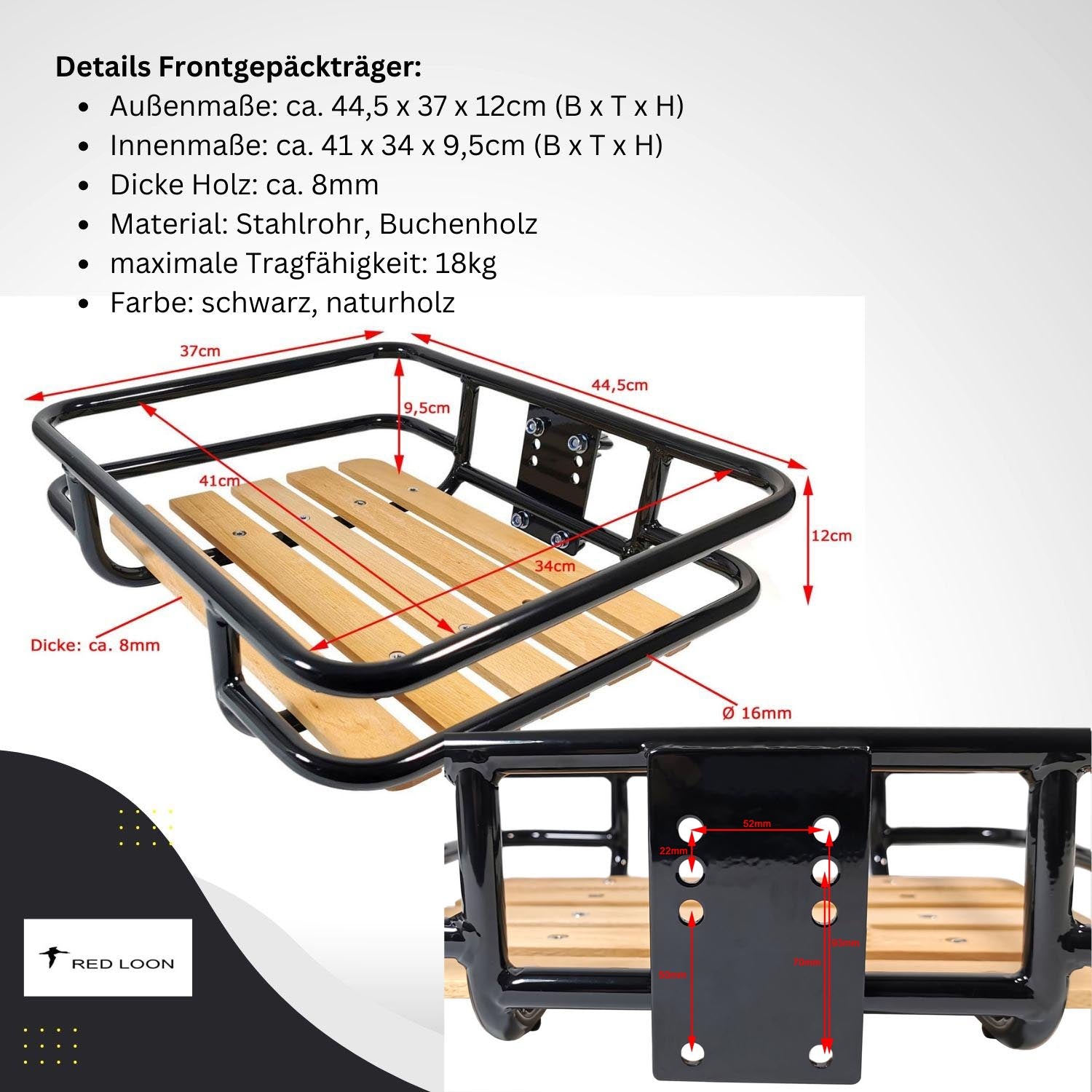 Frontgepäckträger Fahrrad + Fahrradkorb XL Pro | Fahrrad Gepäckträger vorne | Gepäckträger Vorderrad | Fahrrad Gepäckhalter | Front Loader | Red Loon | Rattanlook Seegras | Gepäckträgerkorb