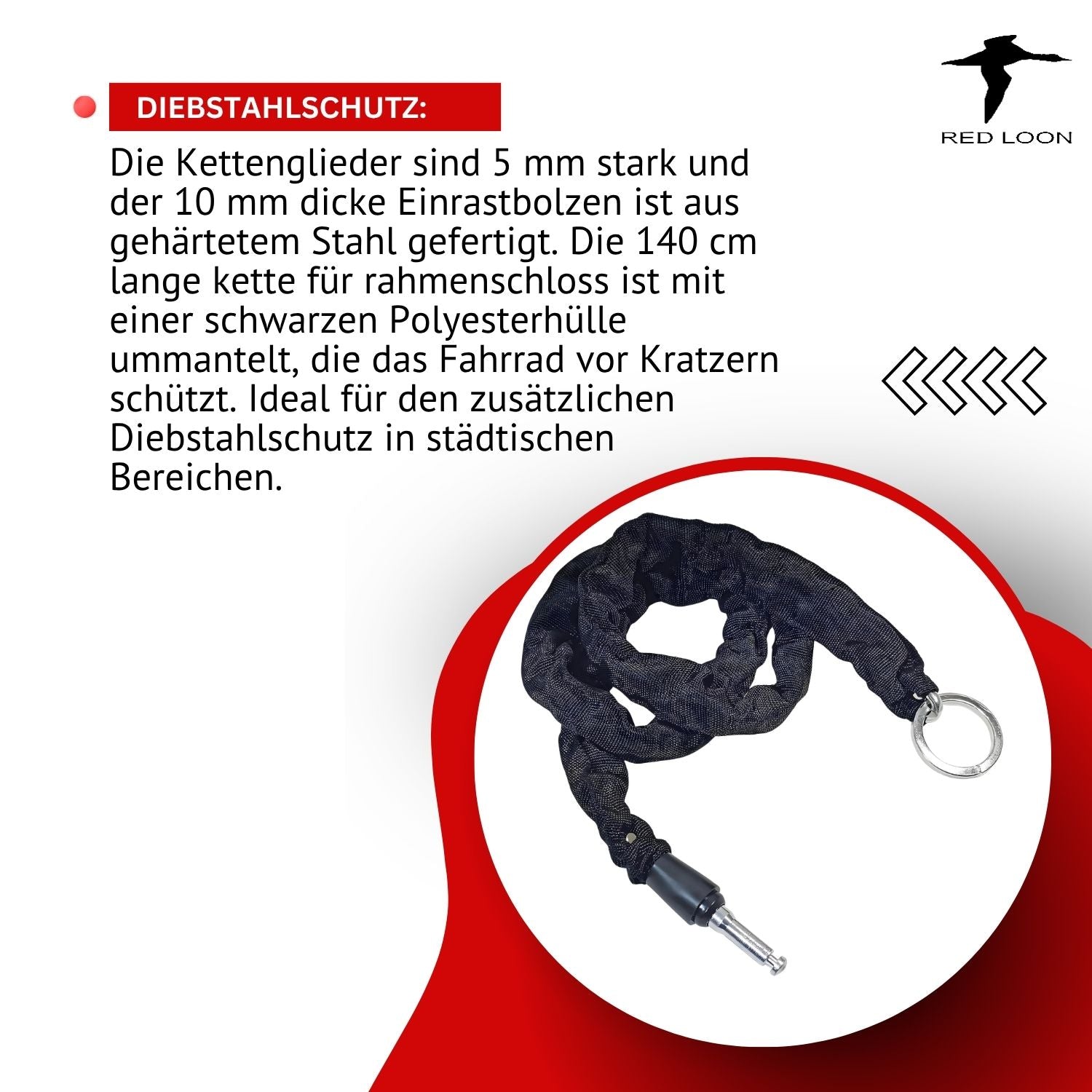 Red Loon Einsteckkette BRI-950B - Schloßverlängerung kompatibel mit Rahmenschloß Abus AXA Defender Solid Plus - Länge 140cm - 5mm gehärtete Stahlkette - Verlängerungskette  zur Zweitsicherung - schwarze Schutzhülle