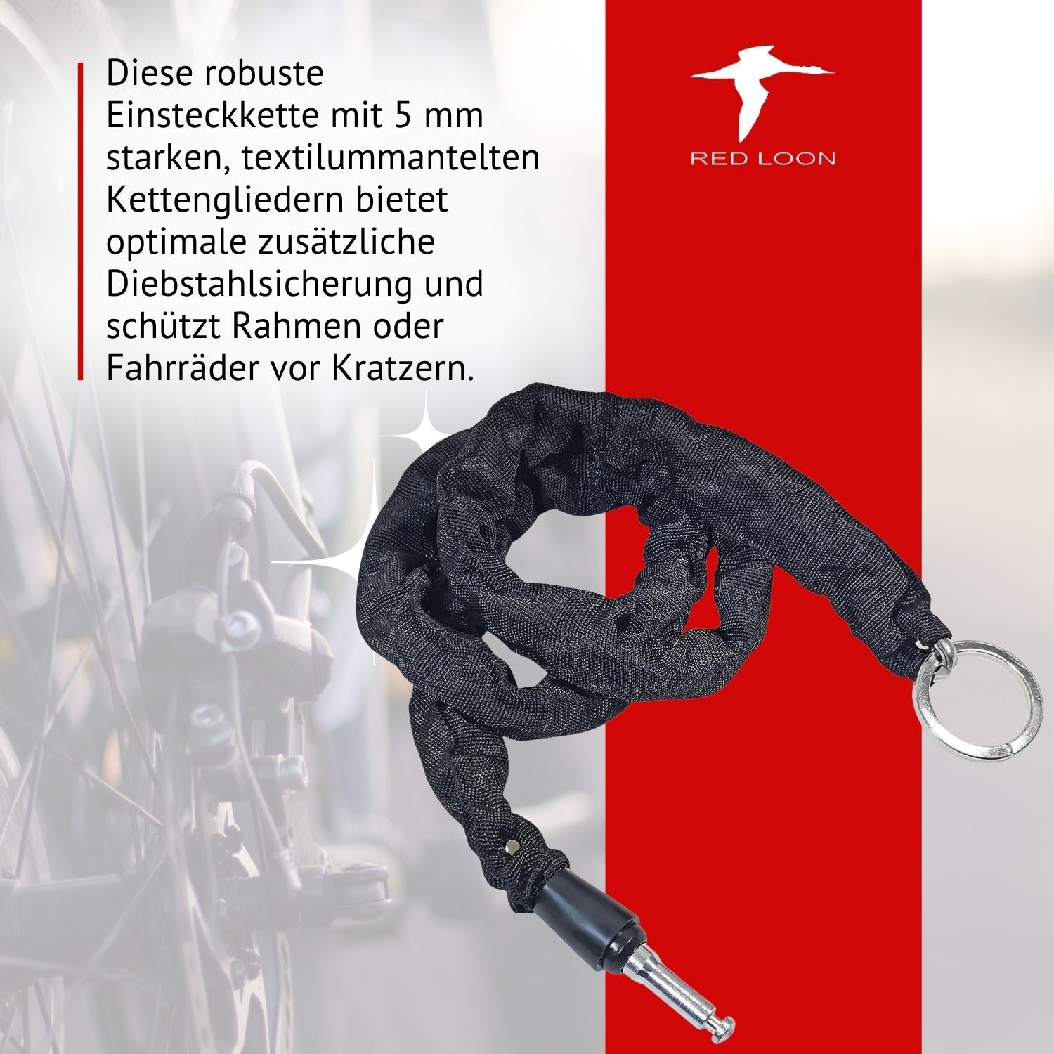 Red Loon Einsteckkette BRI-950B - Schloßverlängerung kompatibel mit Rahmenschloß Abus AXA Defender Block XXL Solid Plus - Länge 100cm - 5mm gehärtete Stahlkette - Verlängerungskette  zur Zweitsicherung - schwarze Schutzhülle