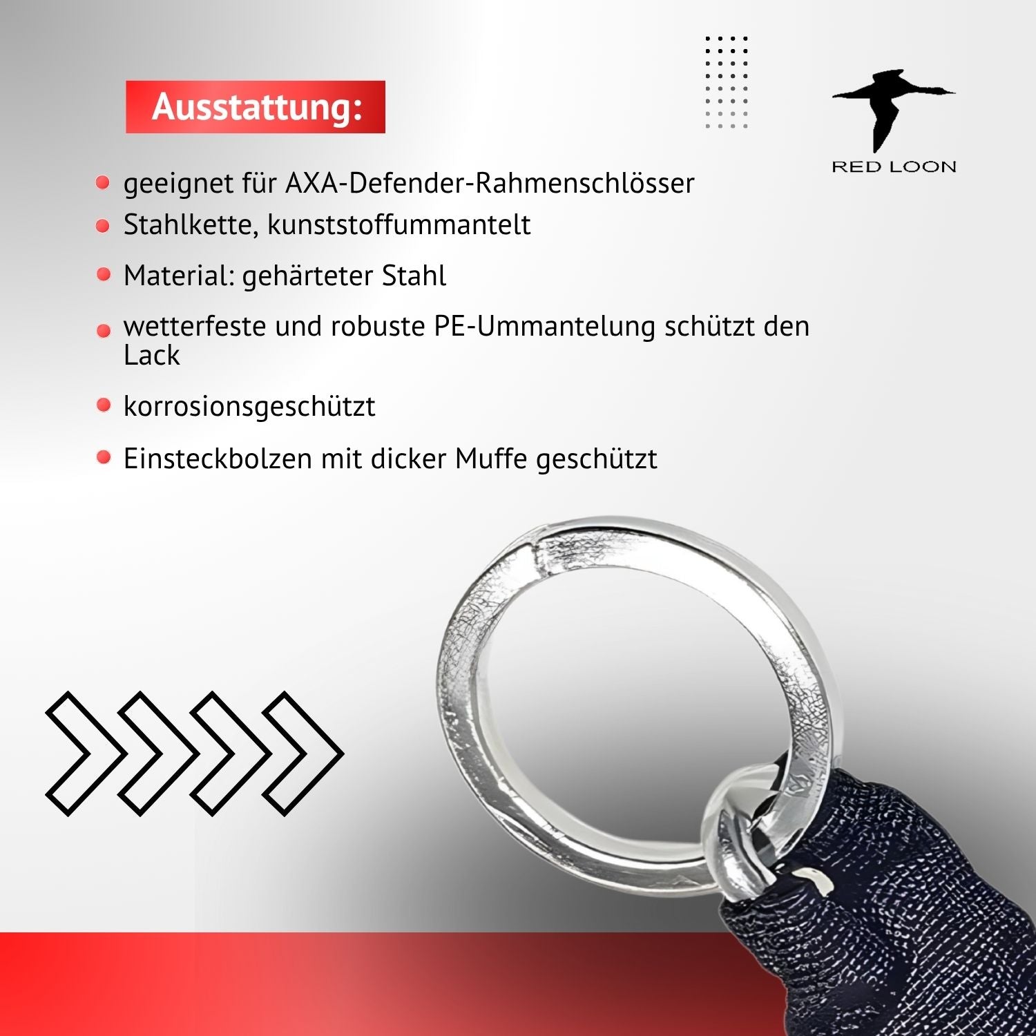Red Loon Einsteckkette BRI-950B - Schloßverlängerung kompatibel mit Rahmenschloß Abus AXA Defender Block XXL Solid Plus - Länge 100cm - 5mm gehärtete Stahlkette - Verlängerungskette  zur Zweitsicherung - schwarze Schutzhülle