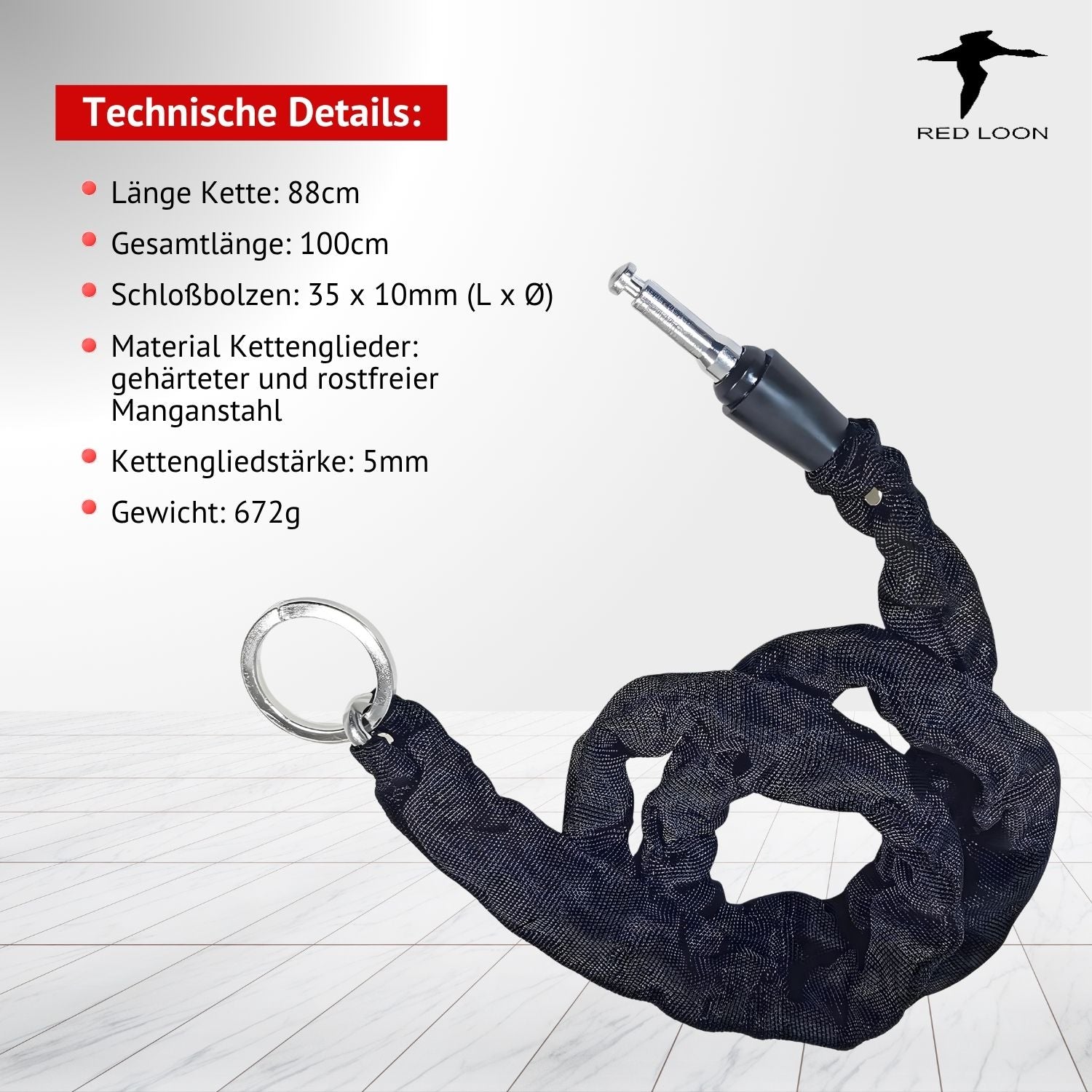 Red Loon Einsteckkette BRI-950B - Schloßverlängerung kompatibel mit Rahmenschloß Abus AXA Defender Block XXL Solid Plus - Länge 100cm - 5mm gehärtete Stahlkette - Verlängerungskette  zur Zweitsicherung - schwarze Schutzhülle