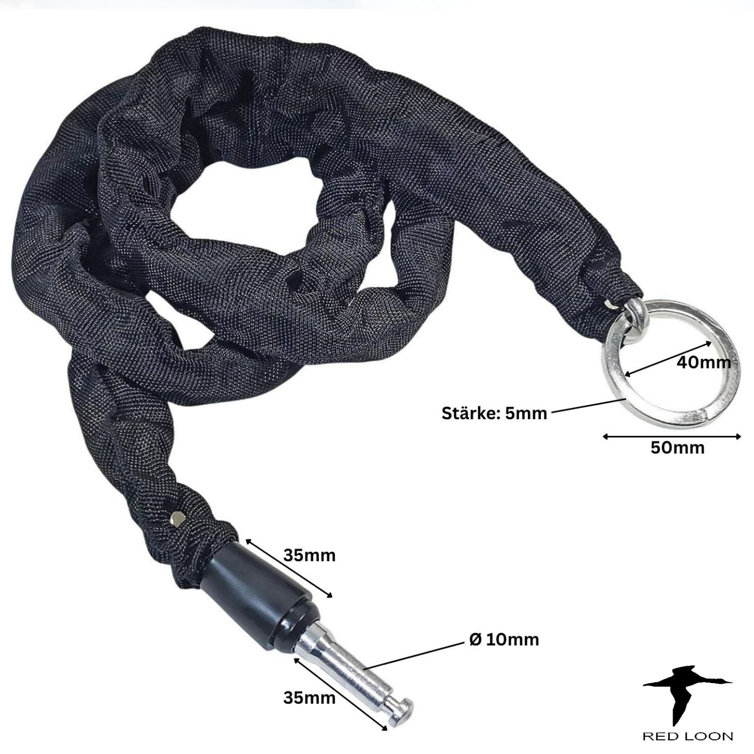 Red Loon Einsteckkette BRI-950B - Schloßverlängerung kompatibel mit Rahmenschloß Abus AXA Defender Solid Plus - Länge 140cm - 5mm gehärtete Stahlkette - Verlängerungskette  zur Zweitsicherung - schwarze Schutzhülle