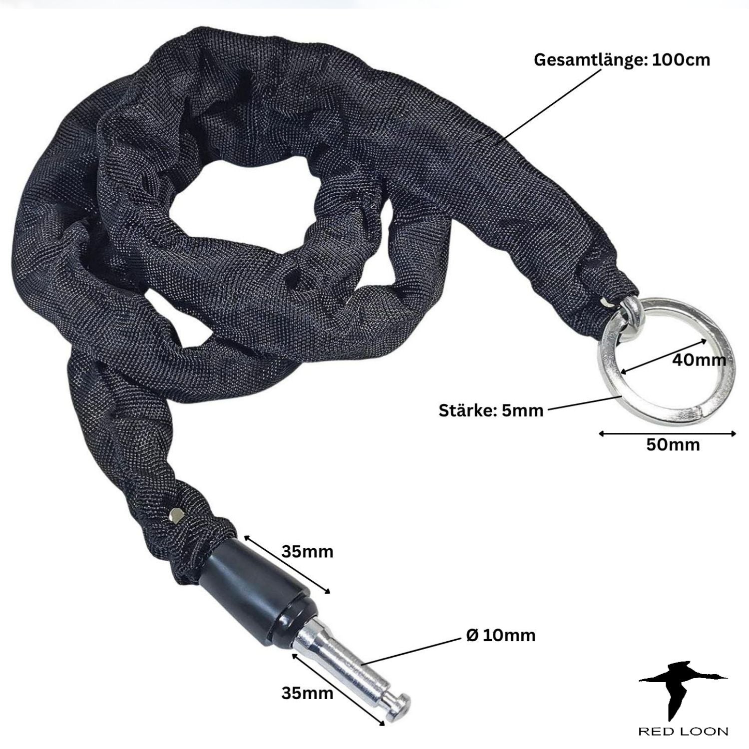 Red Loon Einsteckkette BRI-950B - Schloßverlängerung kompatibel mit Rahmenschloß Abus AXA Defender Block XXL Solid Plus - Länge 100cm - 5mm gehärtete Stahlkette - Verlängerungskette  zur Zweitsicherung - schwarze Schutzhülle