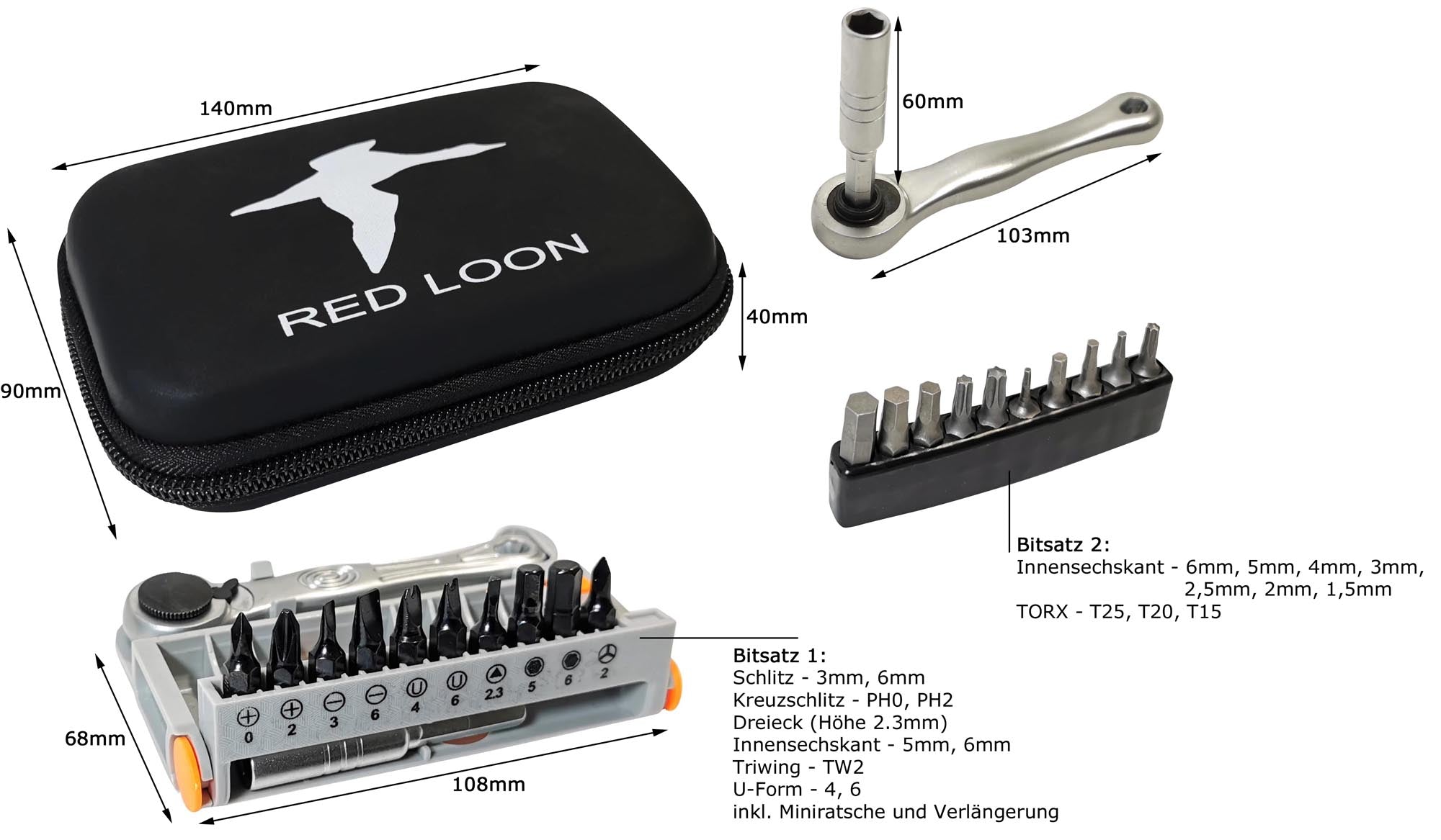 Red Loon Ratsche 22tlg für Mini Umschaltknarre Bit Set Multitool Fahrrad Werkzeug