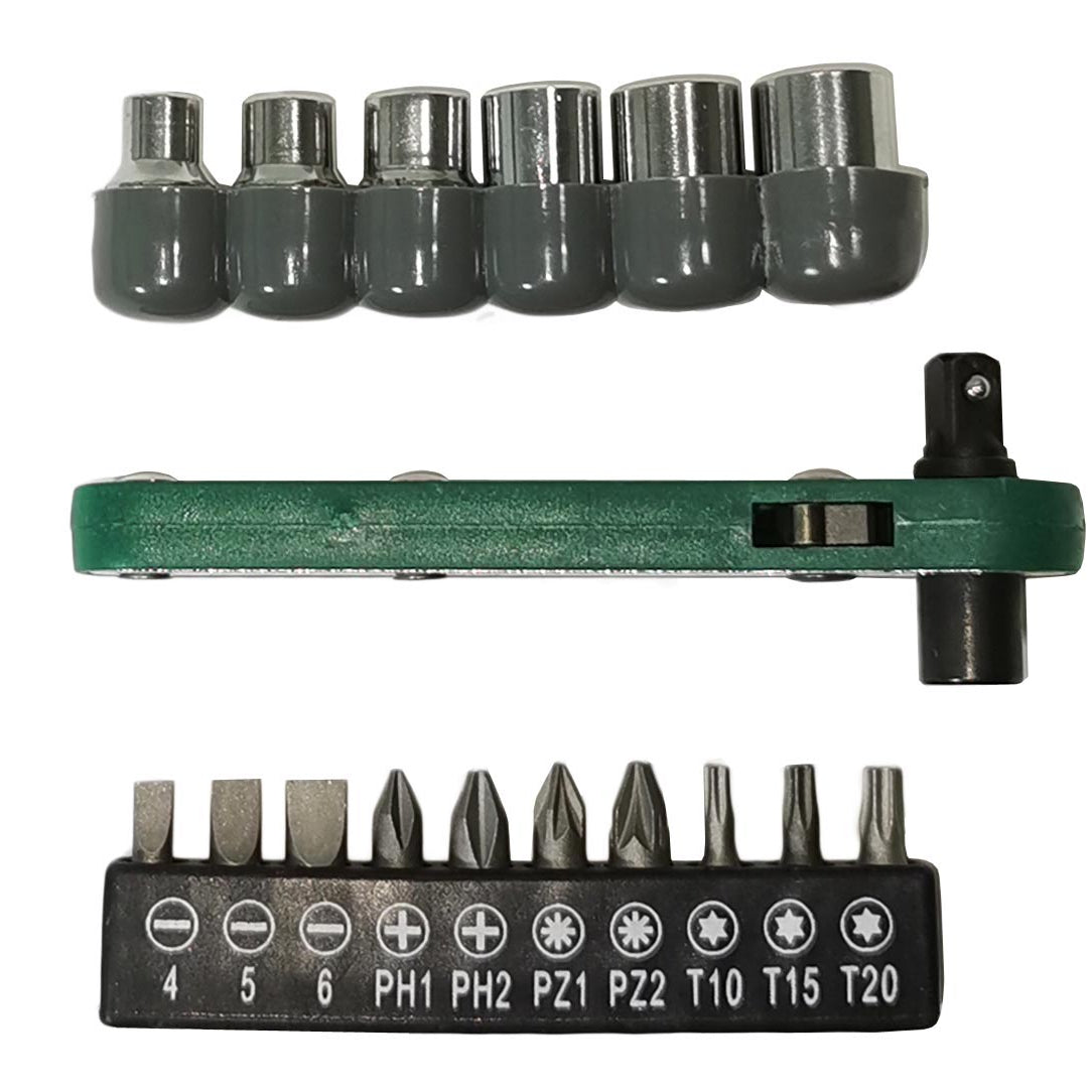 1/4" Ratschenschlüssel 17tlg - Mini Ratsche mit 6 Nüssen & 10 Bits - Umschaltknarre Bit Set - Multitool Fahrrad Werkzeug für unterwegs und zuhause