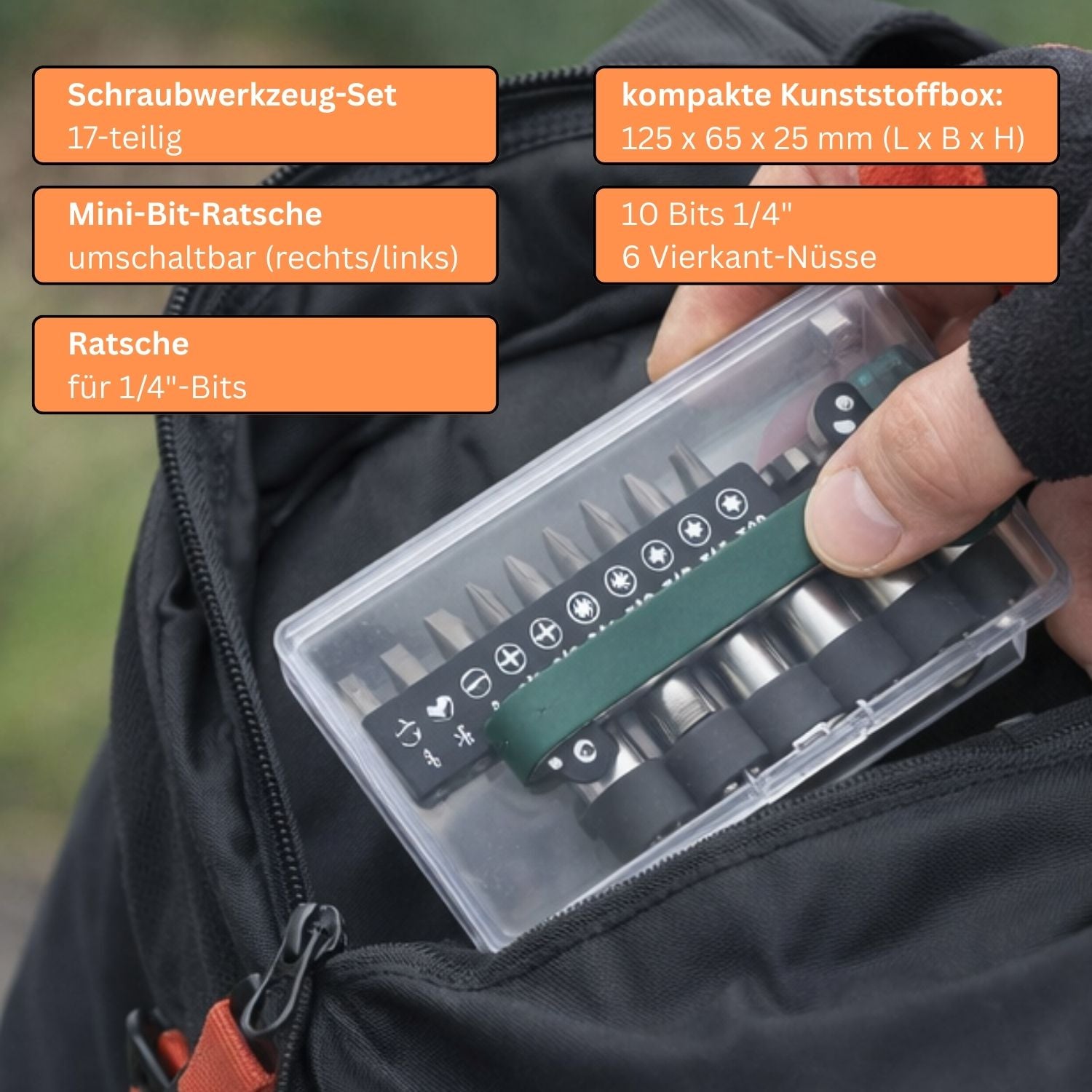 1/4" Ratschenschlüssel 17tlg - Mini Ratsche mit 6 Nüssen & 10 Bits - Umschaltknarre Bit Set - Multitool Fahrrad Werkzeug für unterwegs und zuhause