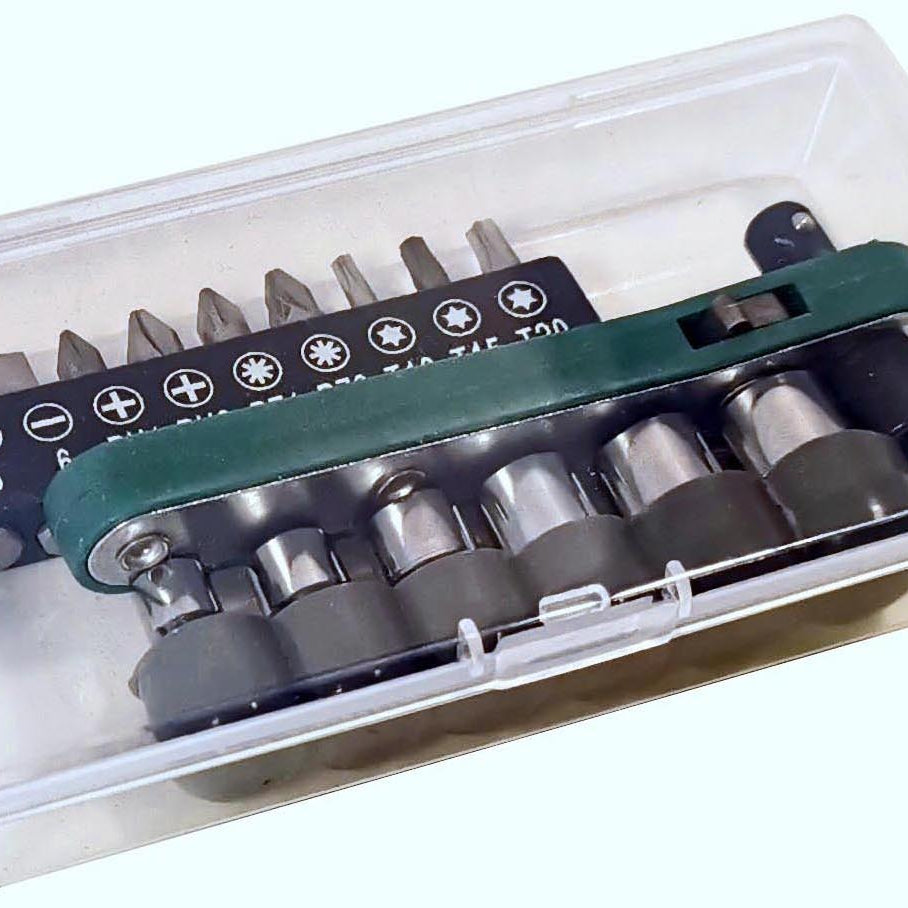1/4" Ratschenschlüssel 17tlg - Mini Ratsche mit 6 Nüssen & 10 Bits - Umschaltknarre Bit Set - Multitool Fahrrad Werkzeug für unterwegs und zuhause
