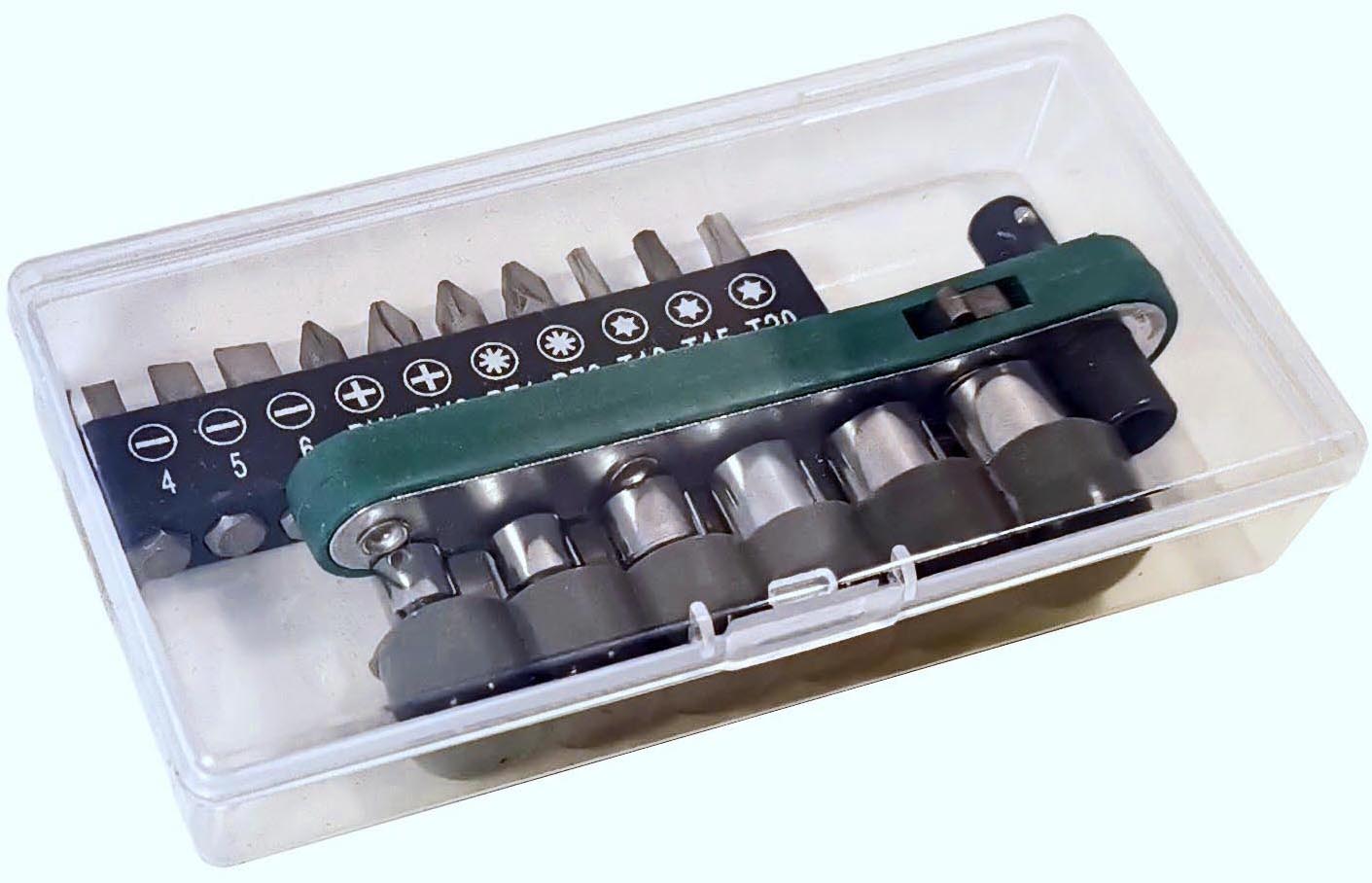 1/4" Ratschenschlüssel 17tlg - Mini Ratsche mit 6 Nüssen & 10 Bits - Umschaltknarre Bit Set - Multitool Fahrrad Werkzeug für unterwegs und zuhause