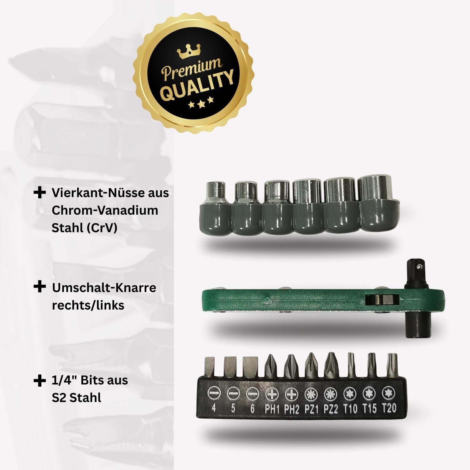 1/4" Ratschenschlüssel 17tlg - Mini Ratsche mit 6 Nüssen & 10 Bits - Umschaltknarre Bit Set - Multitool Fahrrad Werkzeug für unterwegs und zuhause