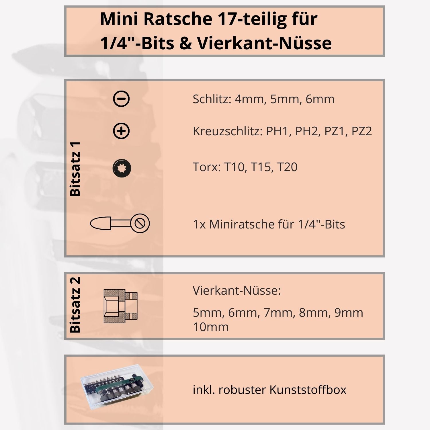 1/4" Ratschenschlüssel 17tlg - Mini Ratsche mit 6 Nüssen & 10 Bits - Umschaltknarre Bit Set - Multitool Fahrrad Werkzeug für unterwegs und zuhause