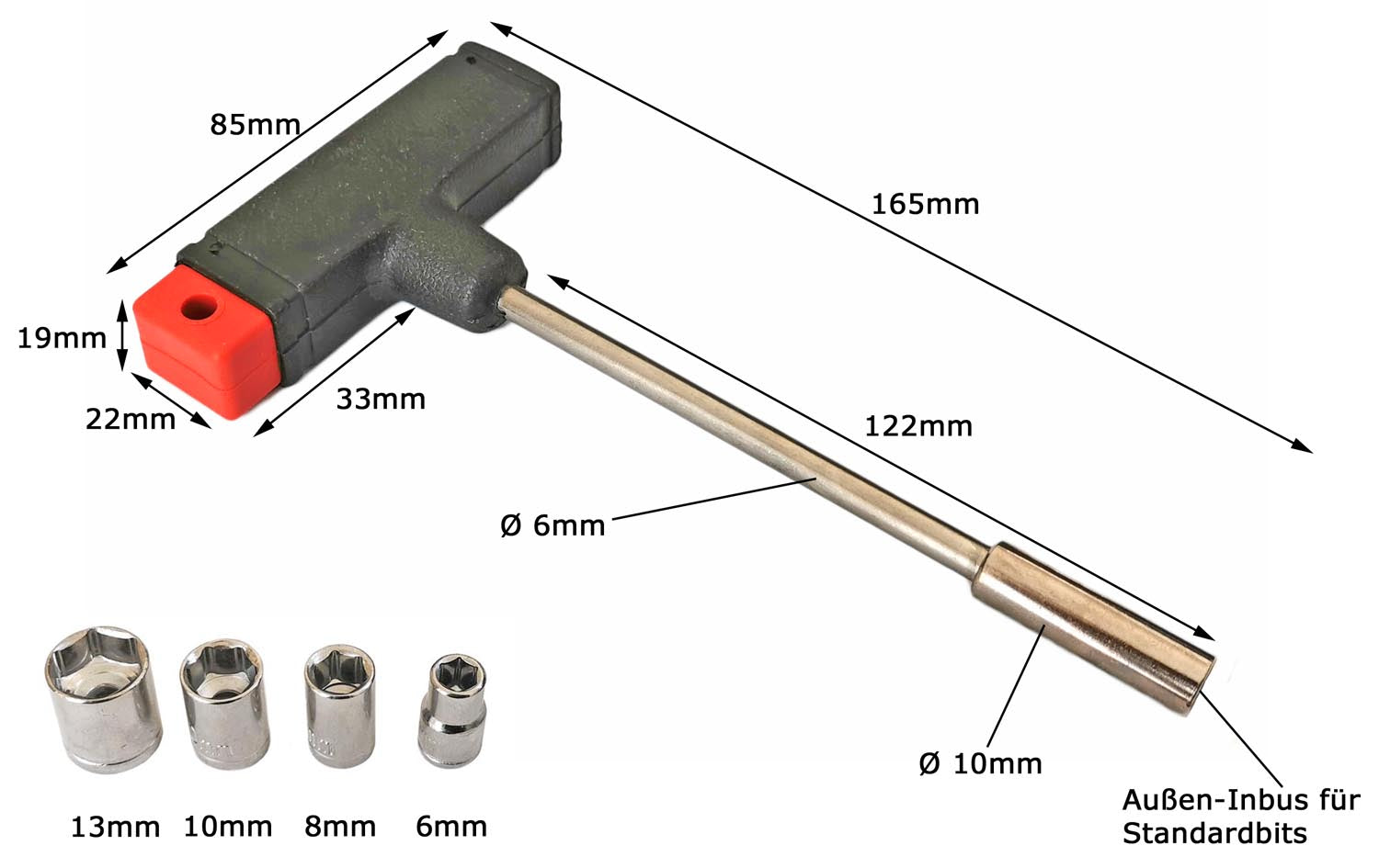 Außen Sechskant 6mm Schlüssel Inbus Steckschlüssel mit T-Griff Nüsse 6/8/10/13mm