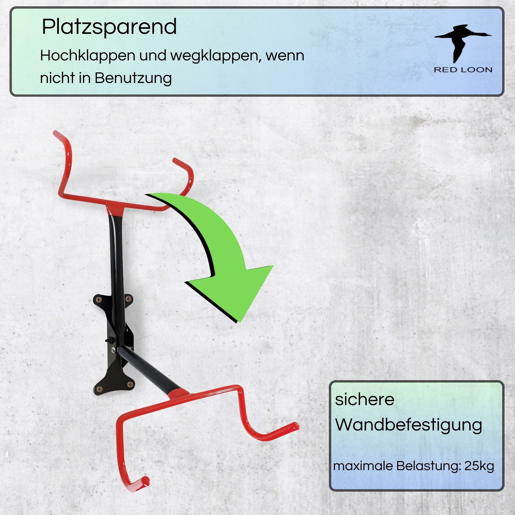 Red Loon Fahrrad Wandhalterung - klappbare Fahrradhalter - 25kg Tragfähigkeit - Fahrrad Aufhängung Wand - Fahrradhalterung Wand für Garage Keller - für MTB Rennrad eBike