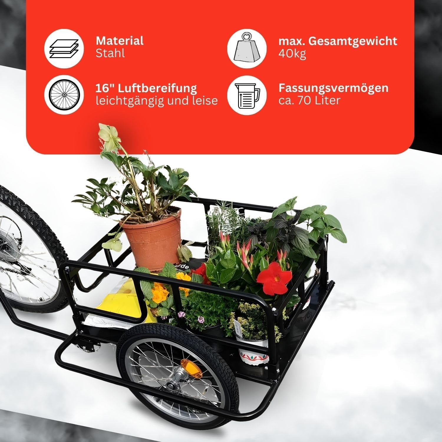 Fahrradanhänger Lastenanhänger - Transportwagen Red Loon BAC403 - Fahrrad Anhänger klappbar - Transportanhänger Cargoanhänger - 16" Luftbereifung - max. 40kg