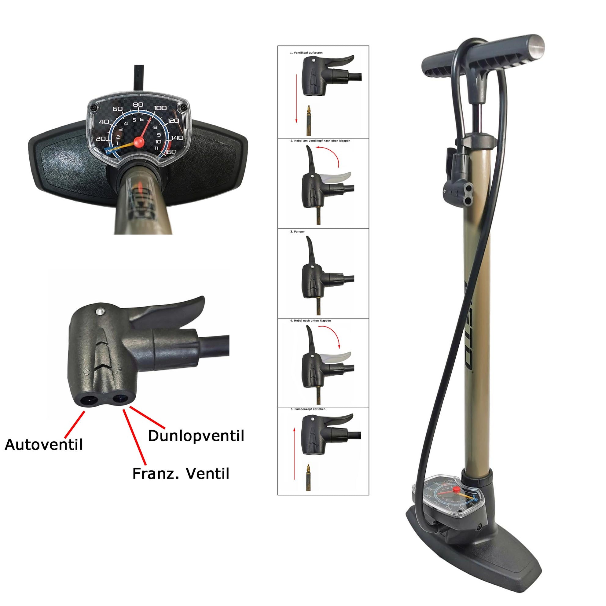 Beto Luftpumpe mit Manometer Fahrradpumpe Standpumpe 11bar alle Ventile by Red Loon