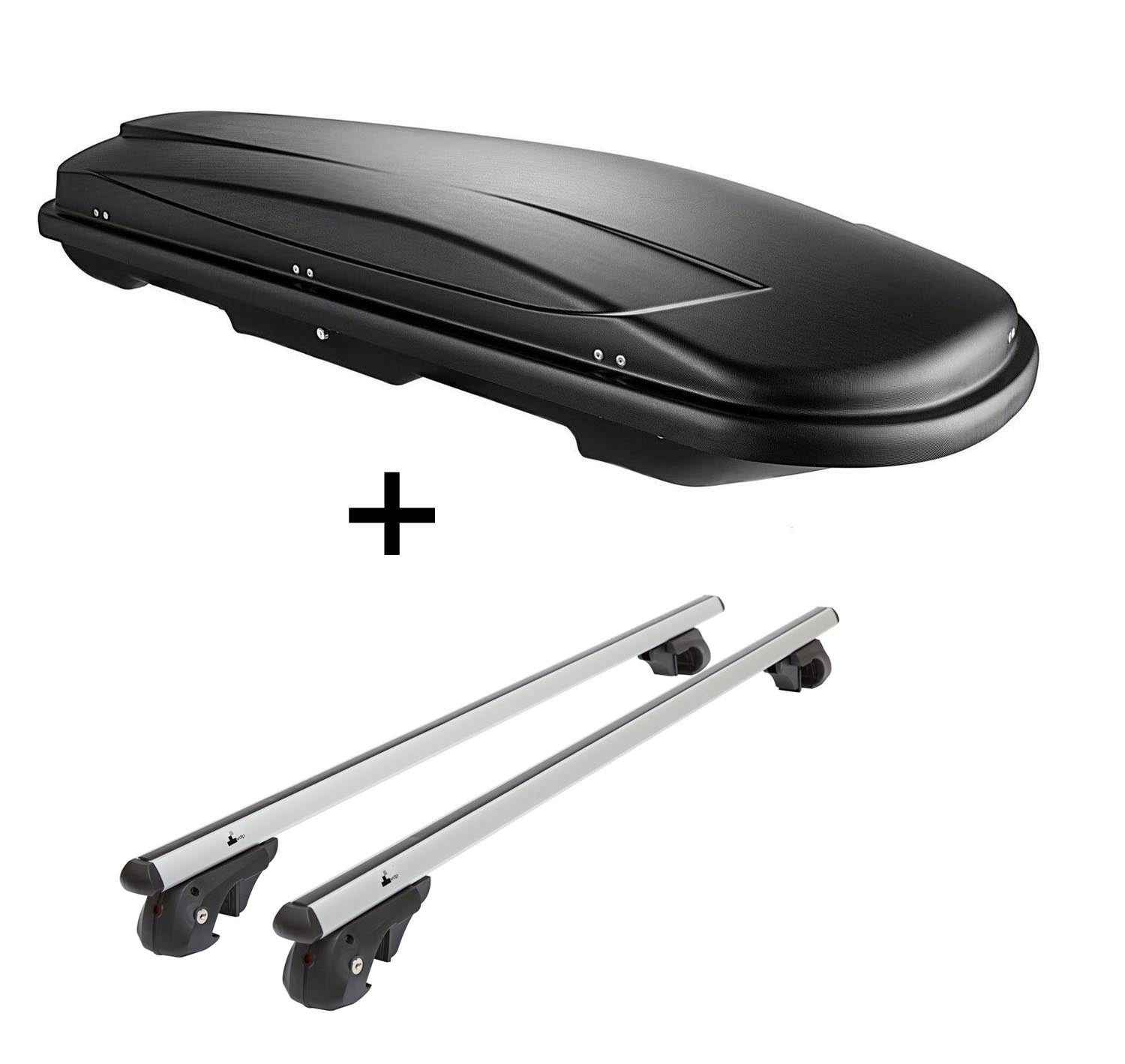 Dachbox VDPJUXT400 400Ltr schwarz abschließbar  + Alu Relingträger VDP004XL kompatibel mit für VW Tiguan II ab 16