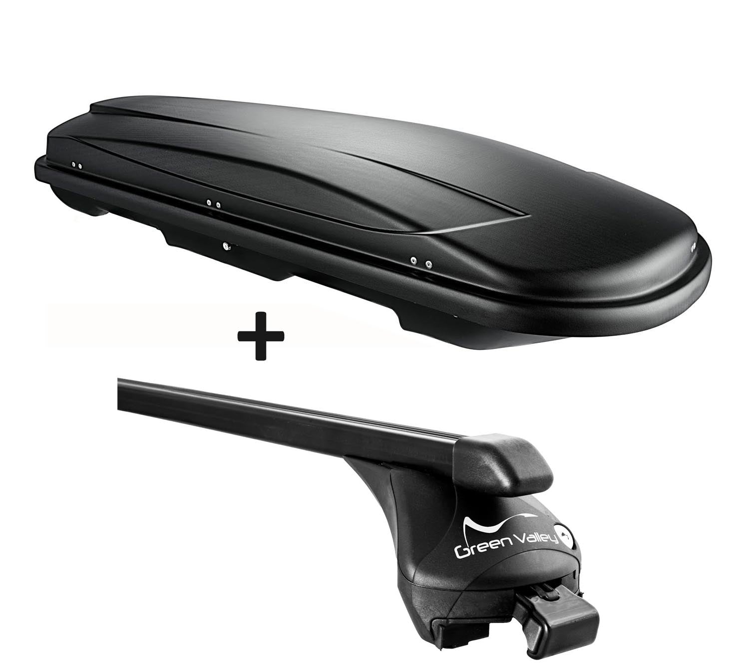 Dachbox schwarz VDP JUXT 400 Dachkoffer 400 Liter abschließbar + Relingträger offene Reling kompatibel mit für VW Sharan ab 2010