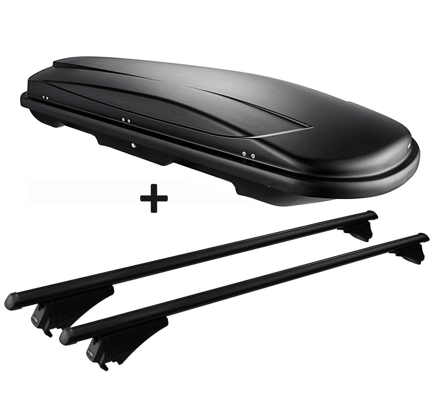 Dachbox schwarz VDP JUXT 600 großer Dachkoffer 600 Liter abschließbar + Alu-Relingträger Dachgepäckträger aufliegende Reling im Set kompatibel mit für Dacia Lodgy ab 12