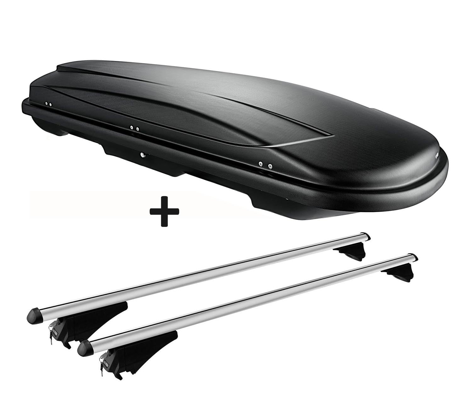 Dachbox schwarz VDP JUXT 600 großer Dachkoffer 600 Liter abschließbar + Alu-Relingträger Dachgepäckträger aufliegende Reling im Set kompatibel mit für VW Passat B8 Variant ab 14