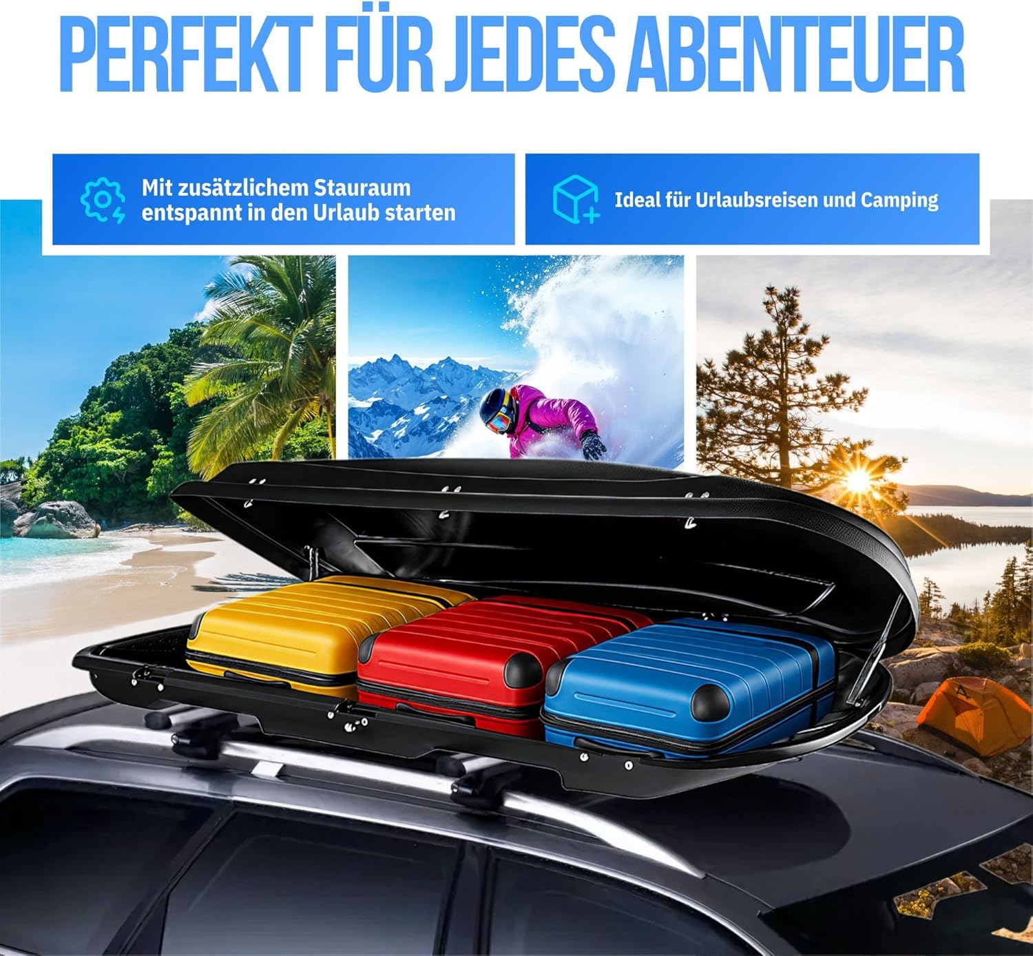 VDP Dachbox VDPJUXT400 400Ltr schwarz abschließbar + Alu Dachträger RB003 kompatibel mit für Mercedes Classe C Kombi IV (5Türer) ab 2015