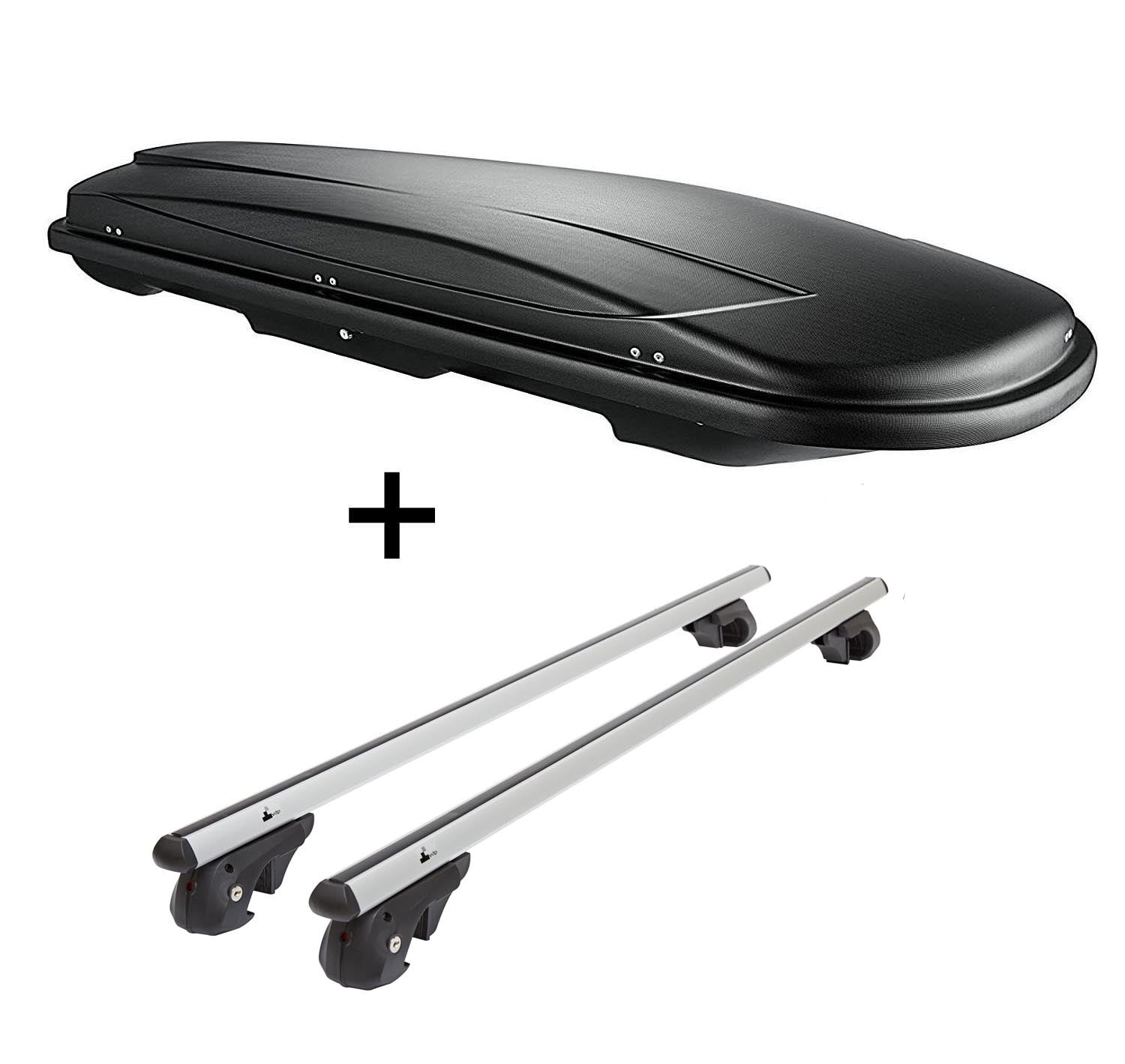 Dachbox VDPJUXT500 500Ltr abschließbar schwarz + Alu Relingträger VDP004XL kompatibel mit für VW Touran Kombi 03-14