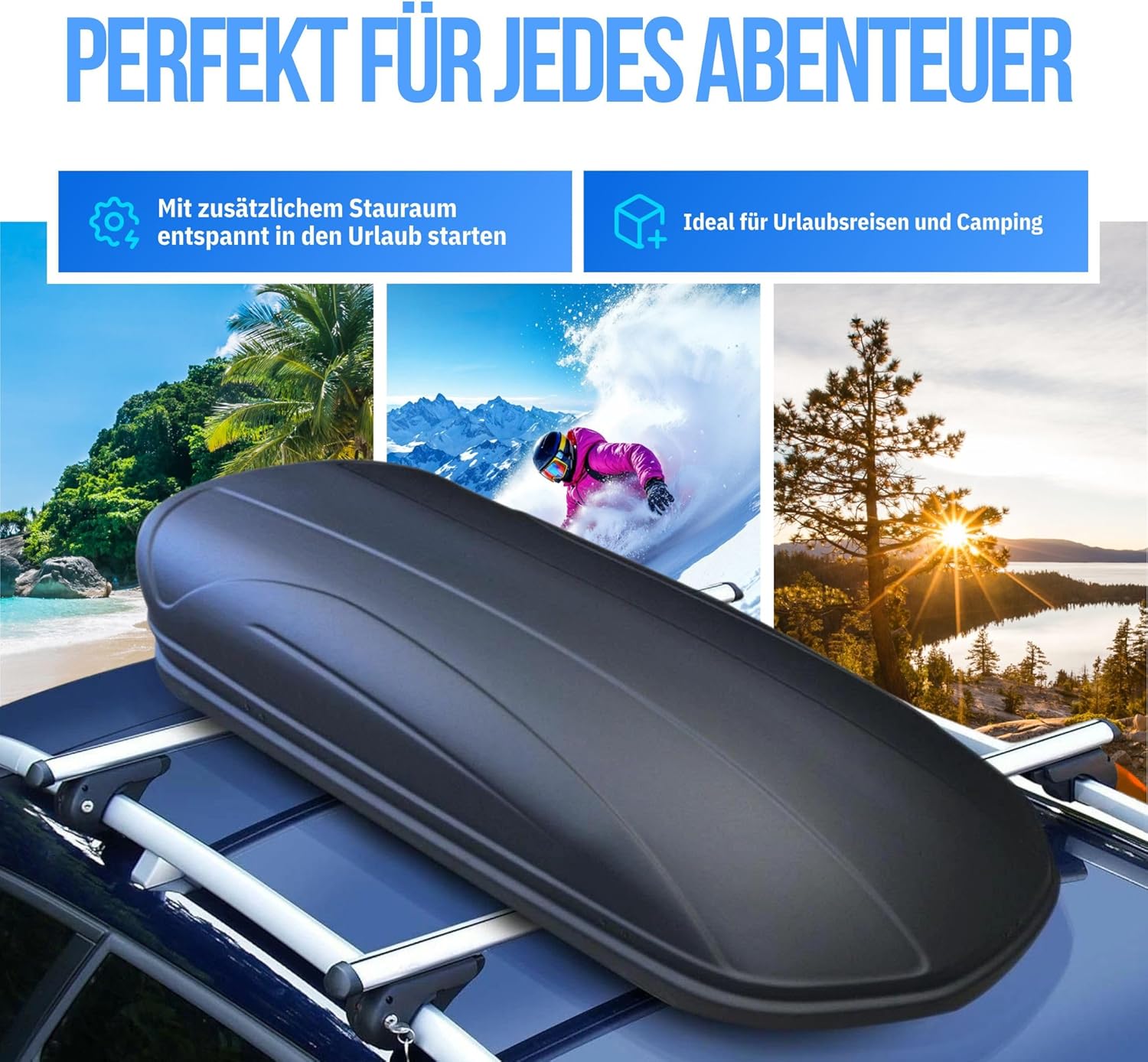 VDP Dachbox VDPJUXT500 500Ltr abschließbar schwarz + Dachträger CRV107 kompatibel mit Skoda Superb Kombi (5 Türer) ab 2015