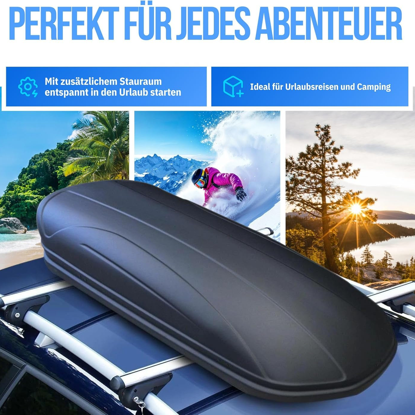Dachbox VDPJUXT500 500Ltr abschließbar schwarz + Alu Dachträger RB003 kompatibel mit Bmw Serie 5 Touring (G31) (5Türer) ab 2017