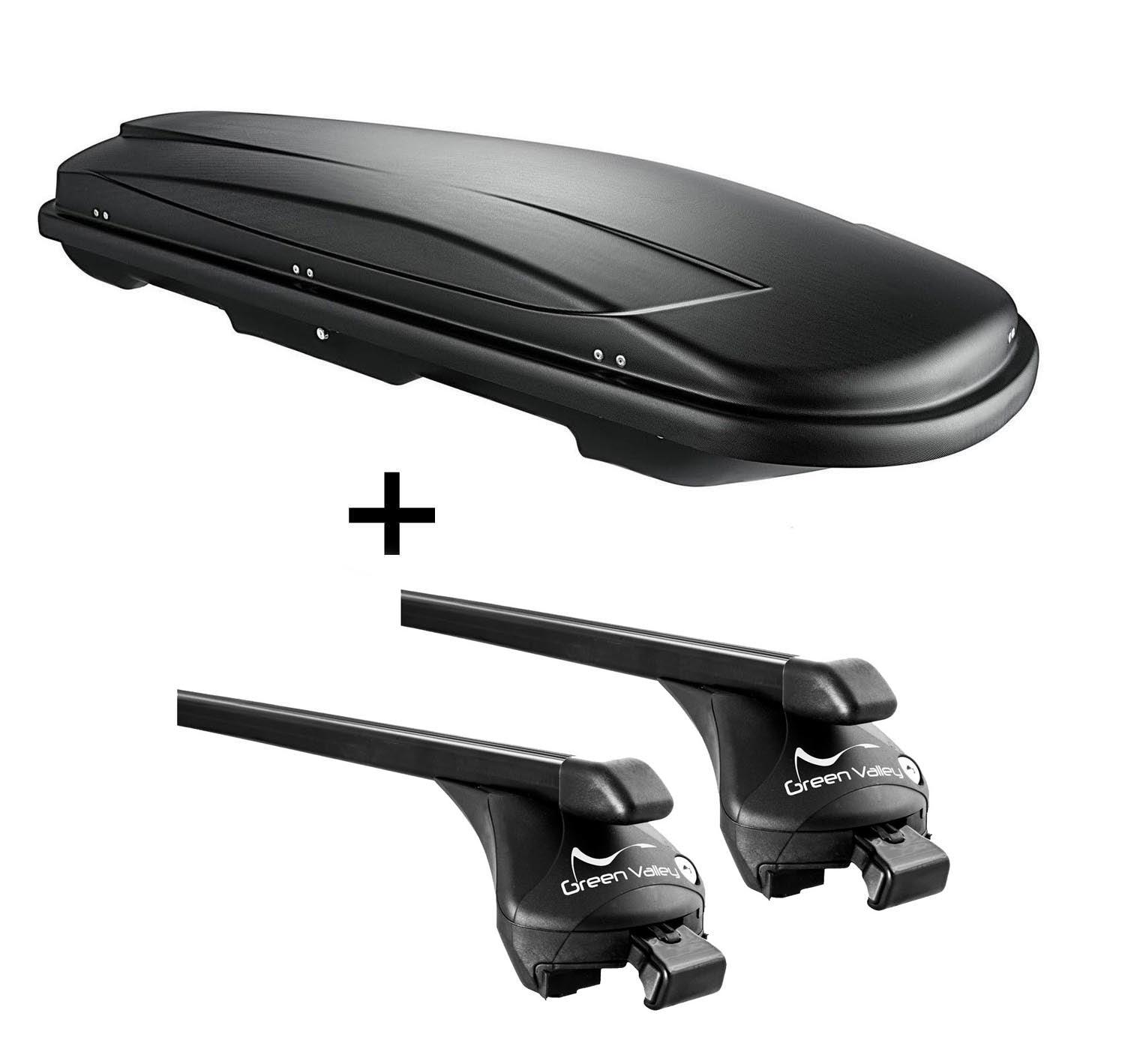 Dachbox schwarz VDP JUXT 600 großer Dachkoffer 600 Liter abschließbar + Relingträger Dachgepäckträger Quick aufliegende Reling im Set kompatibel mit für Mitsubishi Outlander III ab 2013 bis