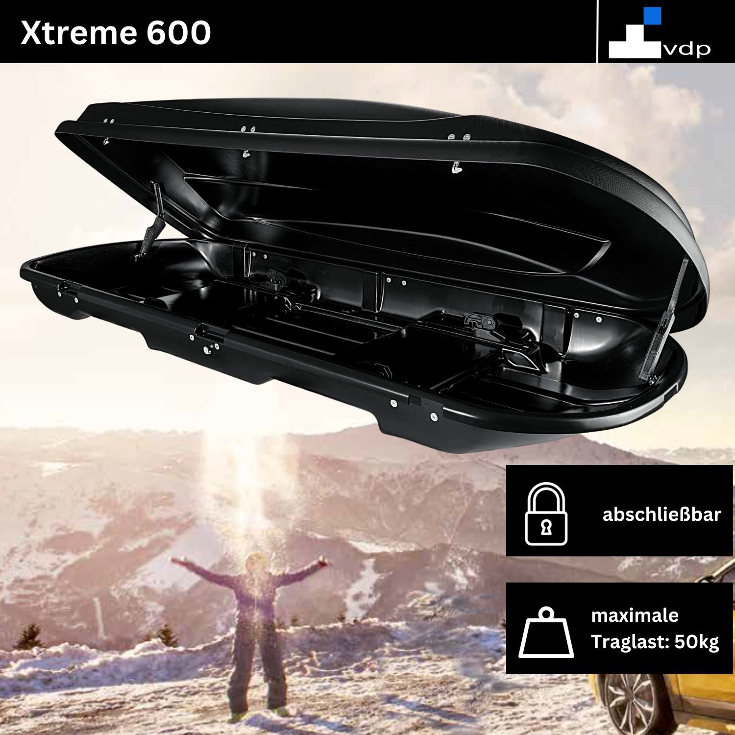 Skibox Ski Gepäckbox Dachbox Auto Dachkoffer - VDP Xtreme 600 - Volumen 600 Liter - Außenmaße: 195x95x44cm (LxBxH) - Ski und Snowboardbox - Autokoffer abschließbar