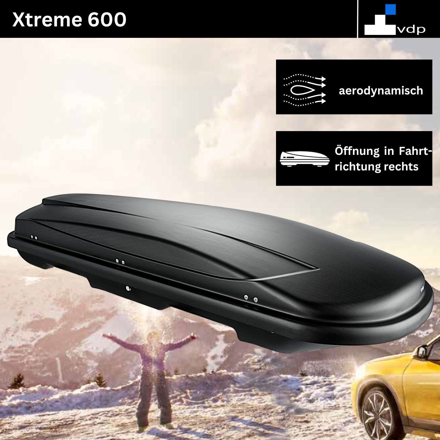 Skibox Ski Gepäckbox Dachbox Auto Dachkoffer - VDP Xtreme 600 - Volumen 600 Liter - Außenmaße: 195x95x44cm (LxBxH) - Ski und Snowboardbox - Autokoffer abschließbar