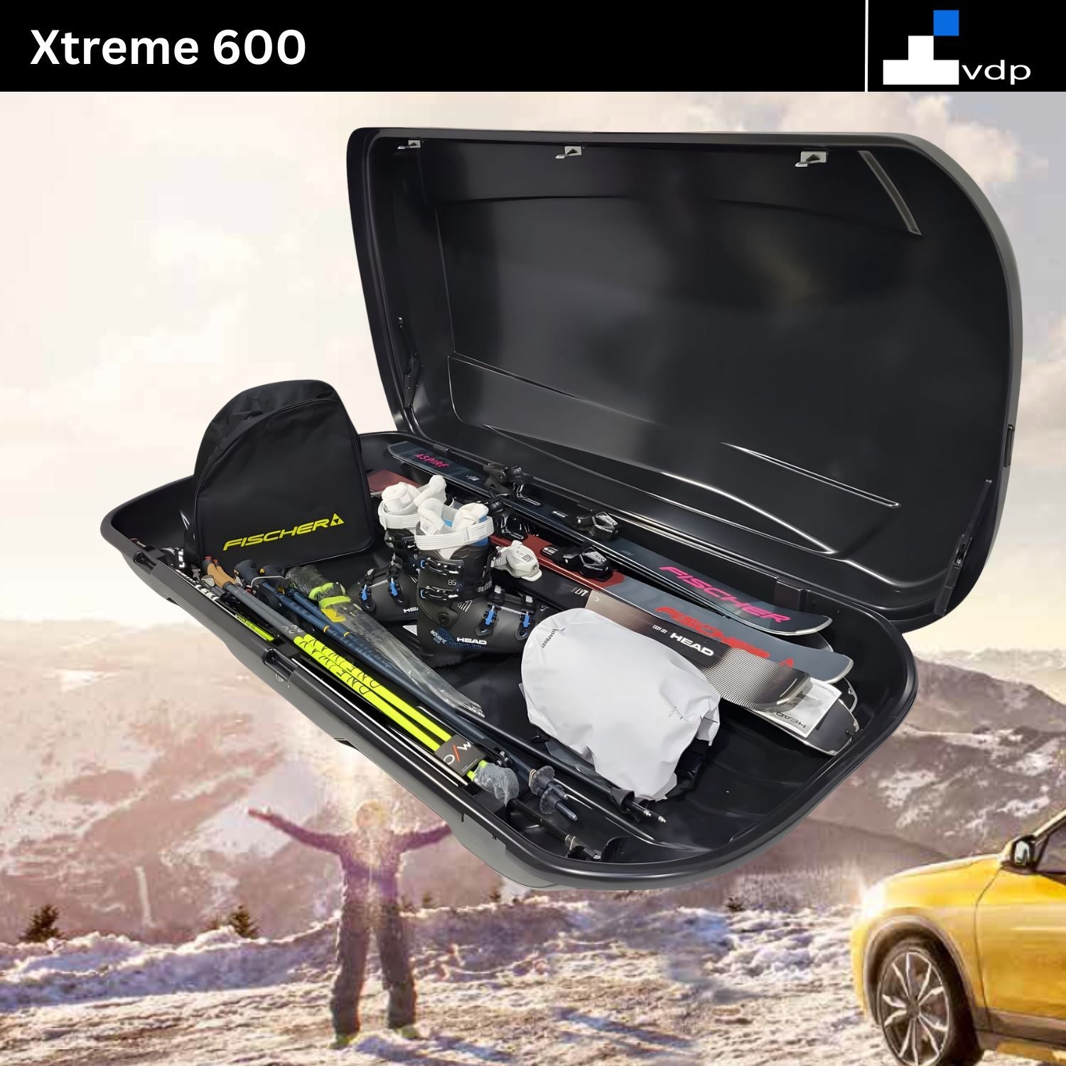 Skibox Ski Gepäckbox Dachbox Auto Dachkoffer - VDP Xtreme 600 - Volumen 600 Liter - Außenmaße: 195x95x44cm (LxBxH) - Ski und Snowboardbox - Autokoffer abschließbar