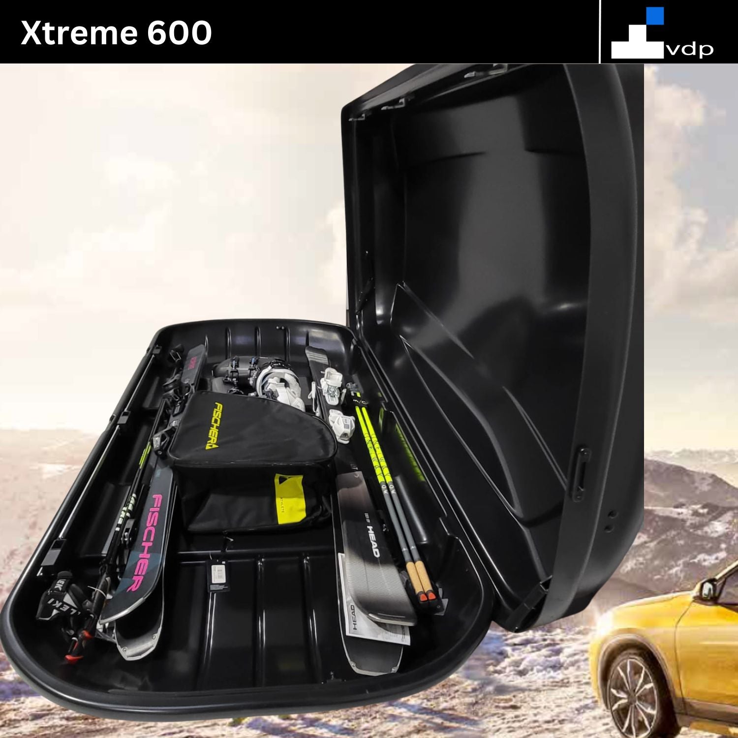 Skibox Ski Gepäckbox Dachbox Auto Dachkoffer - VDP Xtreme 600 - Volumen 600 Liter - Außenmaße: 195x95x44cm (LxBxH) - Ski und Snowboardbox - Autokoffer abschließbar