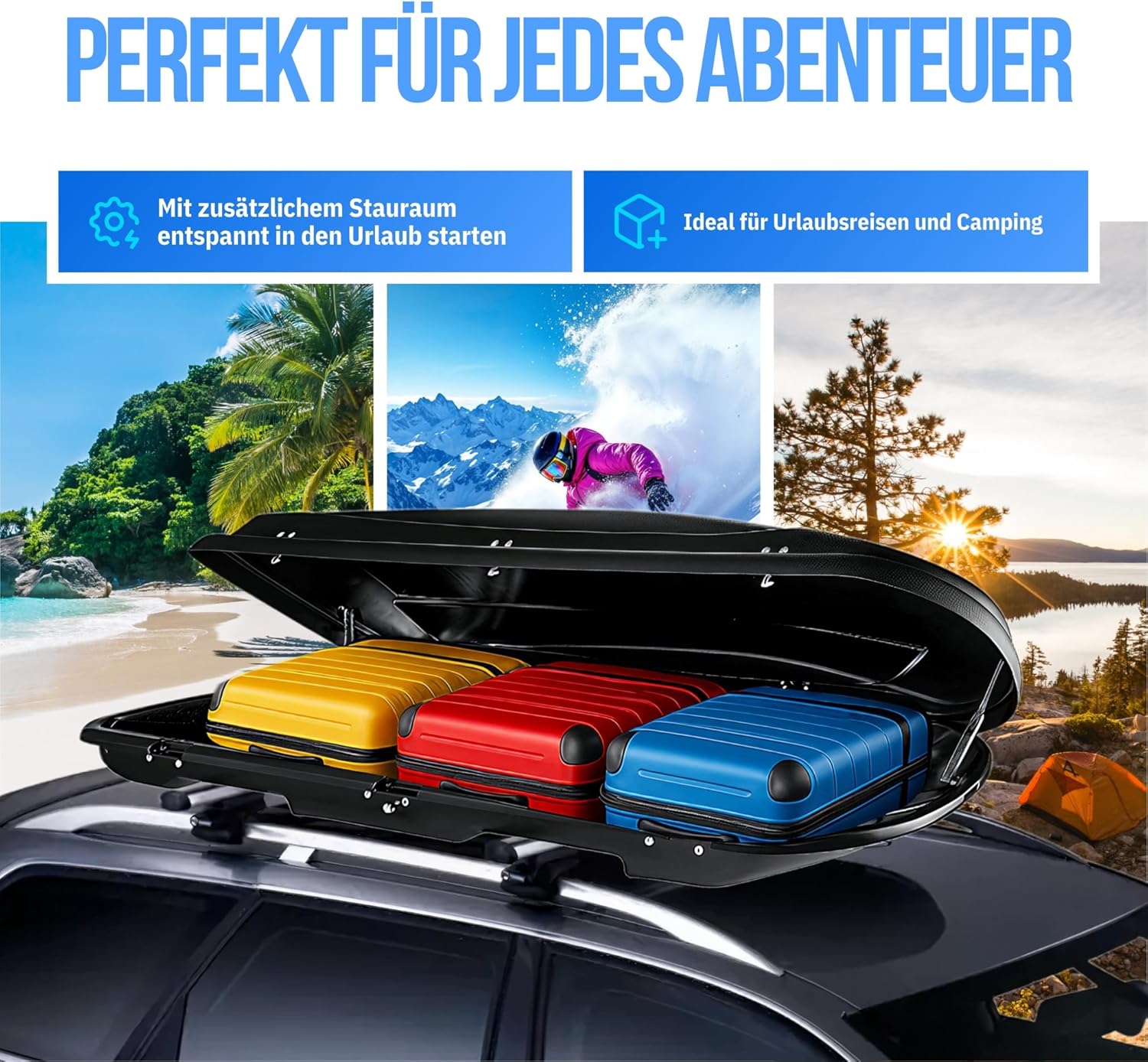 Dachbox schwarz VDP JUXT 600 großer Dachkoffer 600 Liter abschließbar + Alu-Relingträger Dachgepäckträger aufliegende Reling im Set kompatibel mit für Audi A4 (B9) Avant ab 2015
