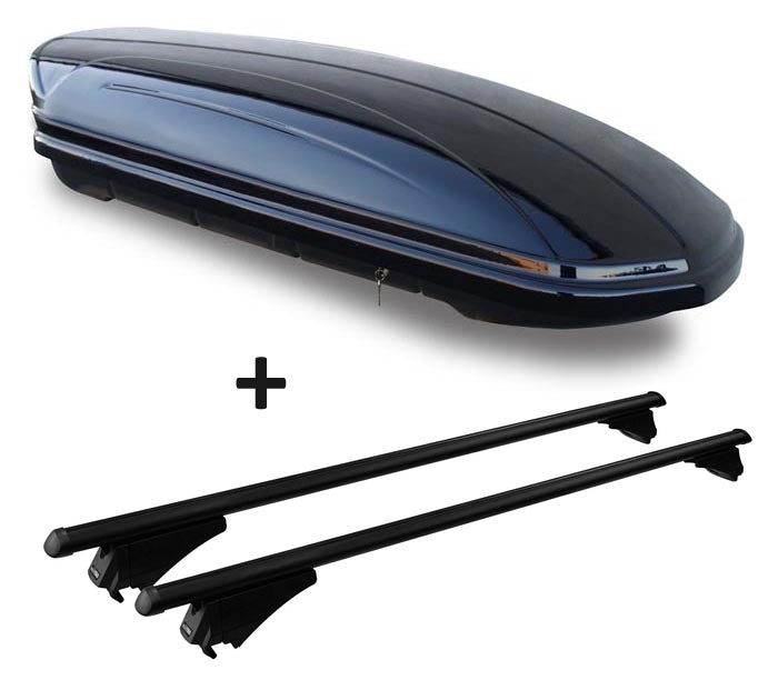 Dachbox schwarz glänzend VDP-MAA 460G Auto Dachkoffer 460 Liter abschließbar + Alu-Relingträger Dachgepäckträger aufliegende Reling im Set kompatibel mit für BMW 2er F46 Gran Tourer ab 2015