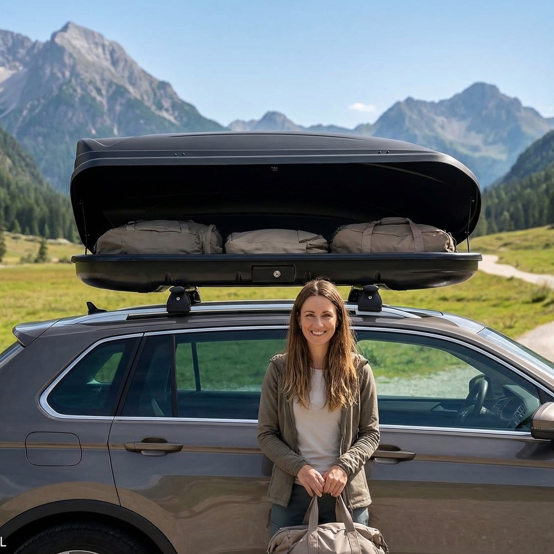 Dachbox MAA 400 Liter matt + Dachträger KING1 112 cm kompatibel mit für Jeep Compass II (5 Türer) ab 17