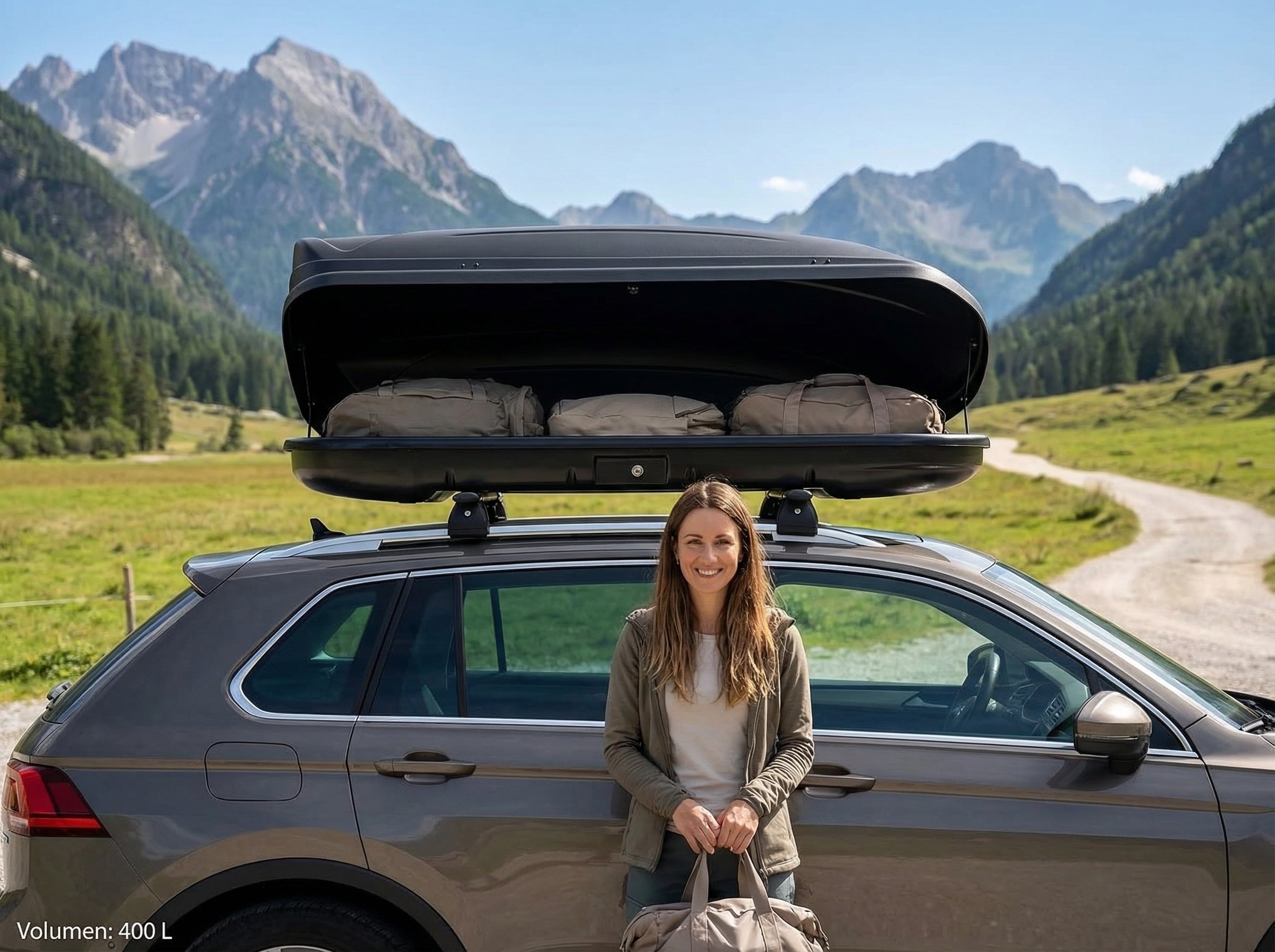 Dachbox MAA 400 Liter matt + Dachträger KING 2 120 cm kompatibel mit für Audi A6 (4G/C7) Avant (5 Türer) 15-18