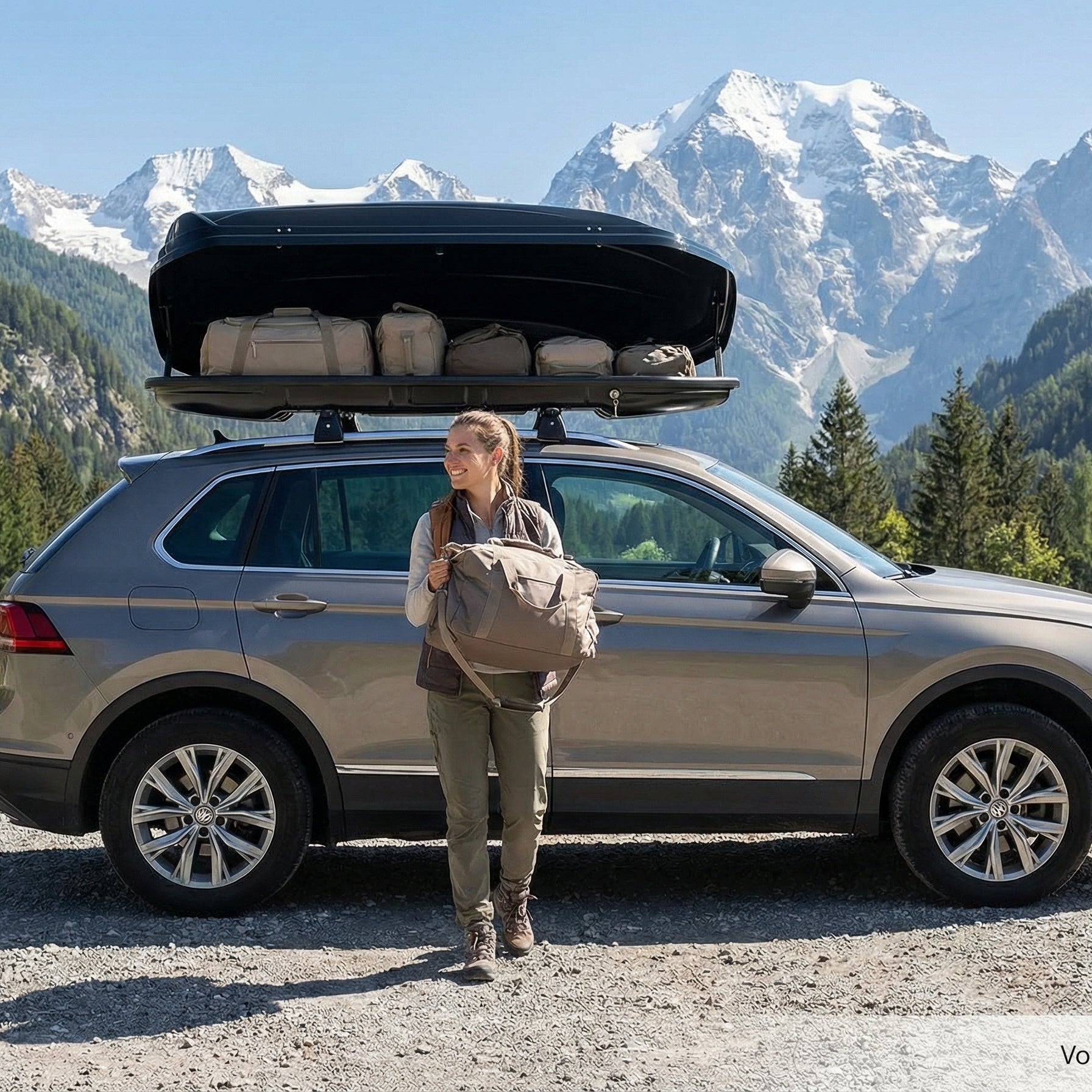 Dachbox VDPMAA580 580Ltr abschließbar schwarz + Dachträger CRV107A kompatibel mit Audi Q7 (4L) (5 Türer) 2006-2015