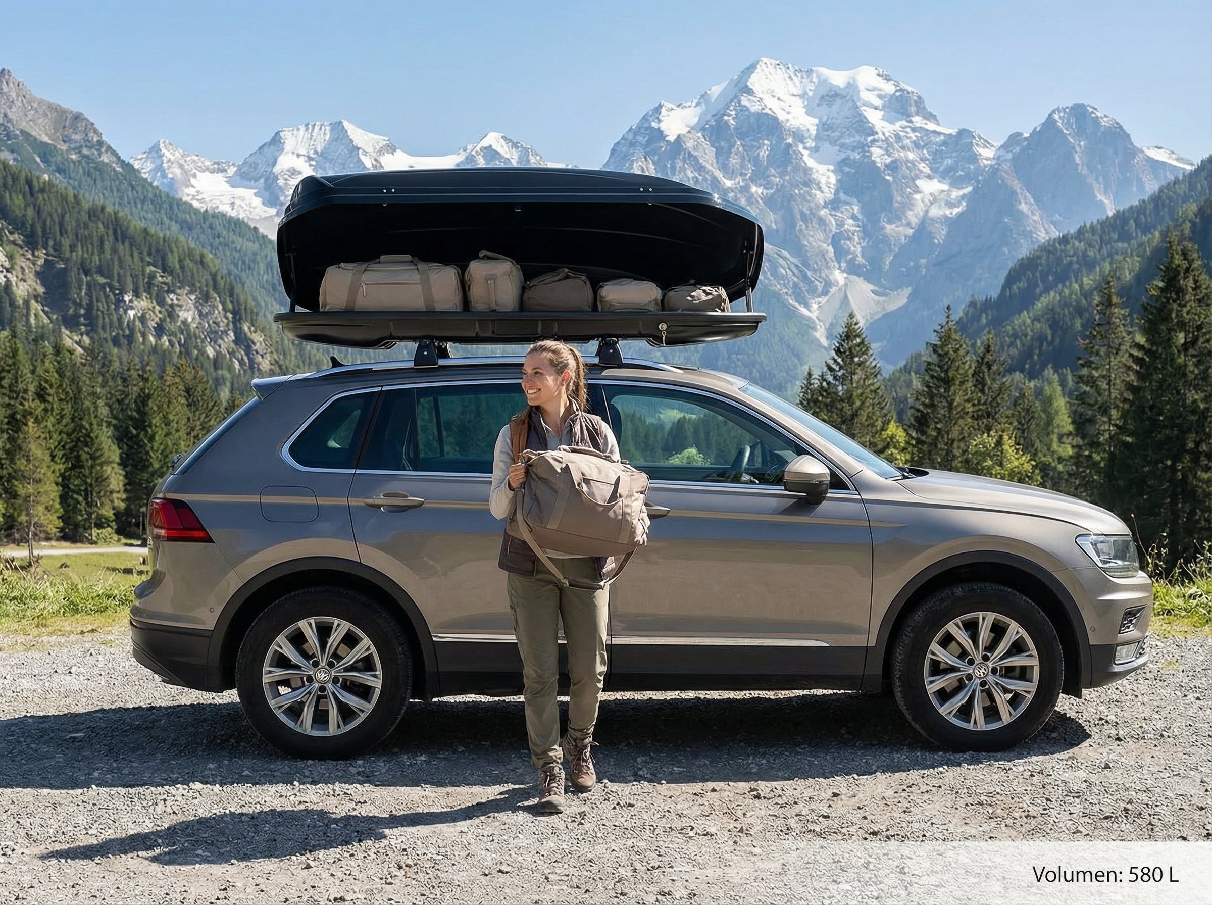 Dachbox VDPMAA580 580Ltr abschließbar schwarz + Dachträger CRV107A kompatibel mit Audi Q7 (4L) (5 Türer) 2006-2015