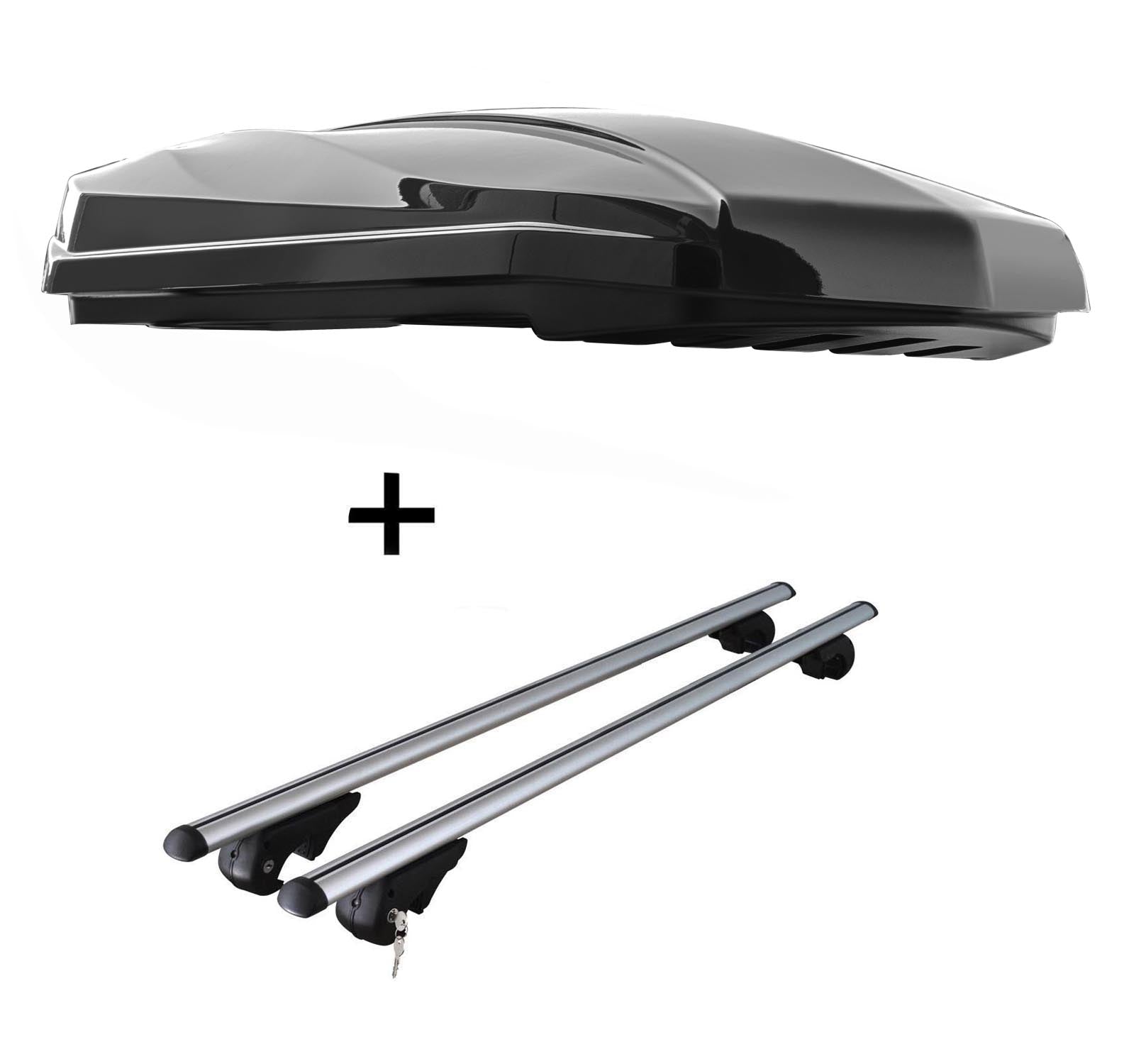 DACHBOX STRIKE 440 Liter schwarz hochglanz + Relingträger Rio 135 kompatibel mit für VW Touran Kombi ab 2003