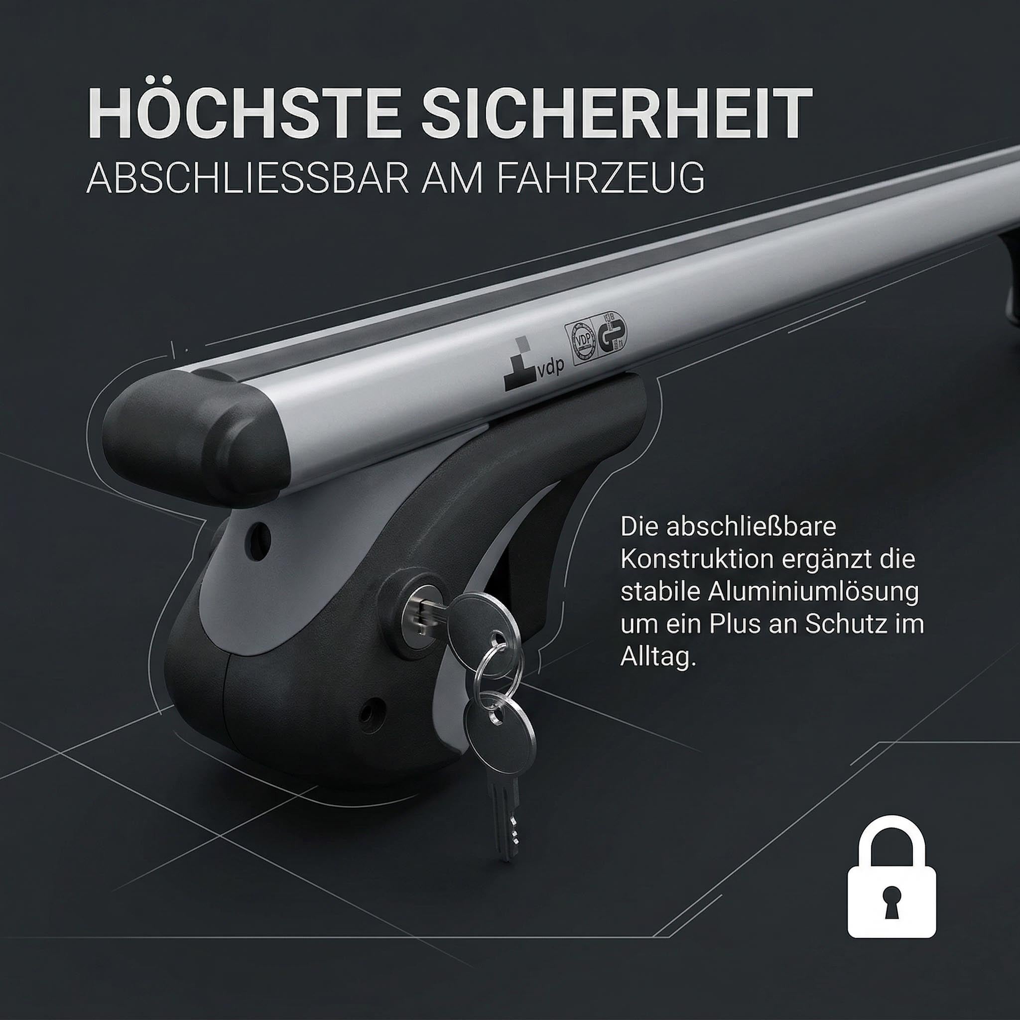 Dachbox schwarz VDP JUXT 600 großer Dachkoffer 600 Liter abschließbar + Alu-Relingträger Dachgepäckträger kompatibel mit für VW Sharan ab 96