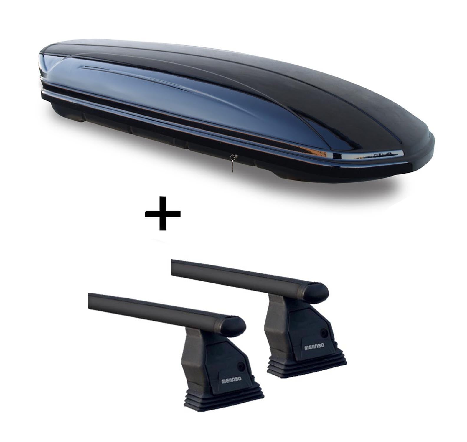 Dachbox VDPMAA460 schwarz glänzend 460 Ltr abschließbar  + Dachträger Menabo Tema kompatibel mit für Mercedes B-Klasse W246 (Schrägheck 5 Türer) ab 2012 Stahl