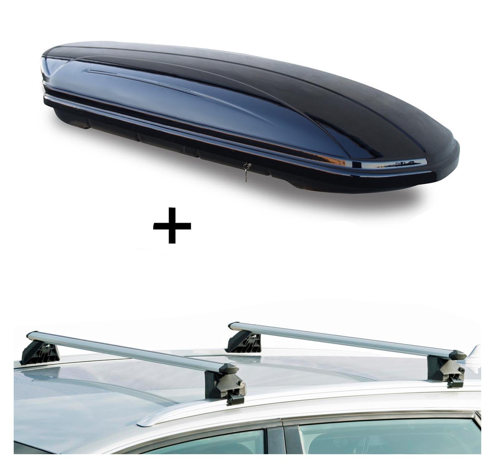 Dachbox VDPMAA580 580Ltr abschließbar schwarz + Dachträger CRV107A kompatibel mit für Peugeot 5008 (5 Türer) ab 2017
